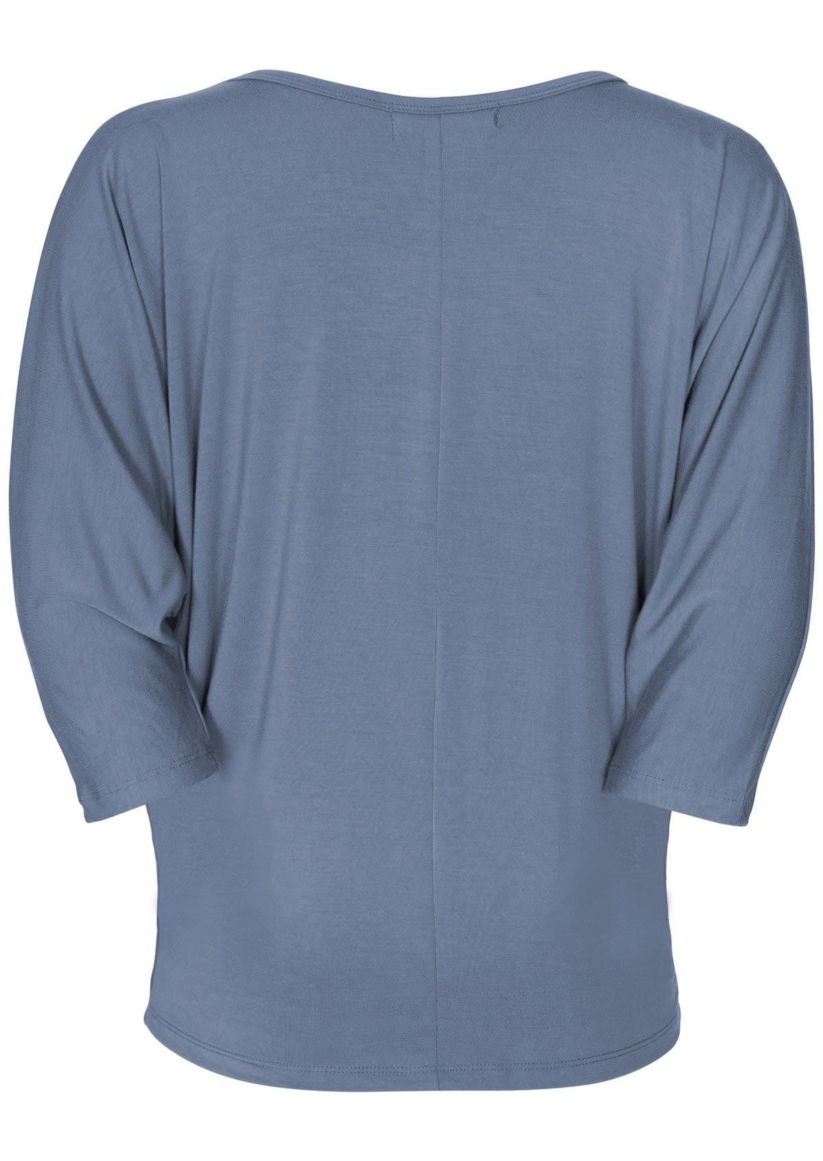 Back view of women's 3/4 sleeve rayon batwing v-neck grey top.