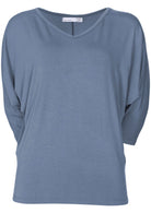 Front view of women's 3/4 sleeve rayon batwing v-neck grey top.