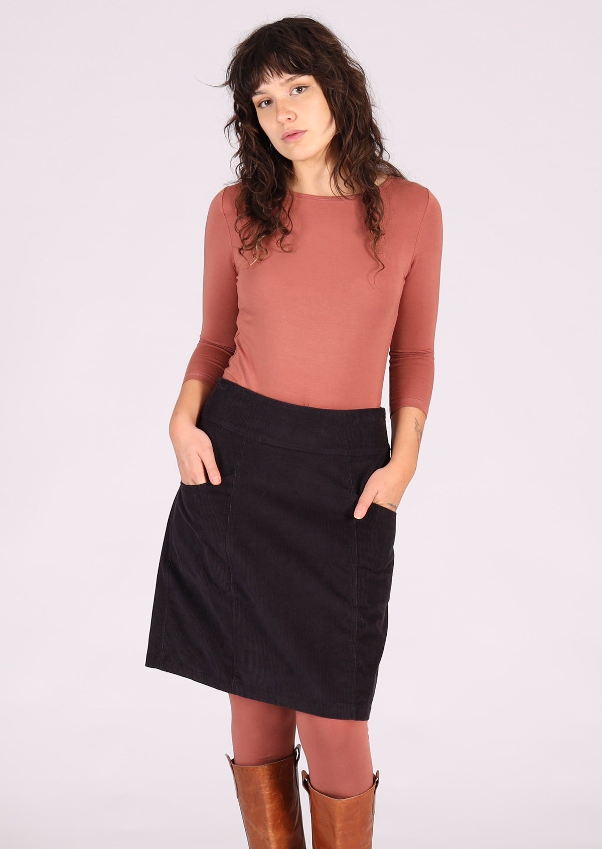 Dark grey cotton corduroy slight A-line skirt with pockets