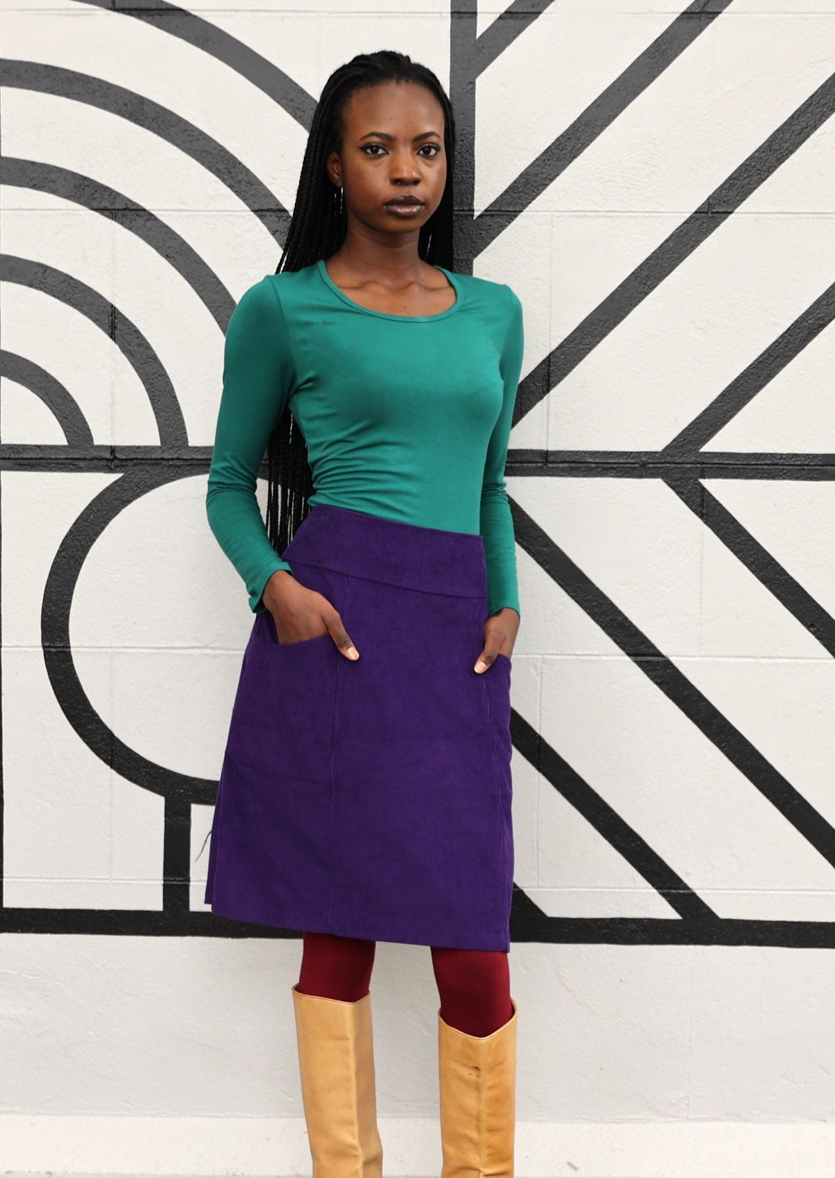 Purple corduroy slight A-line skirt wth pockets