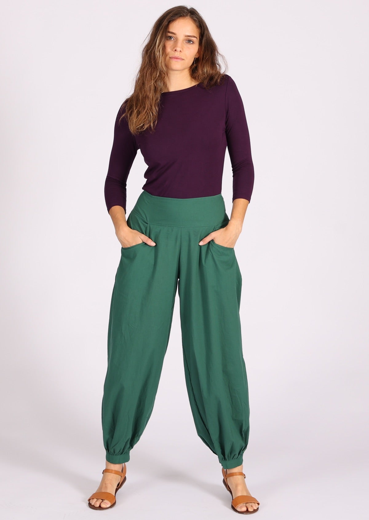Hunter Green lightweight cotton harem pants with pockets