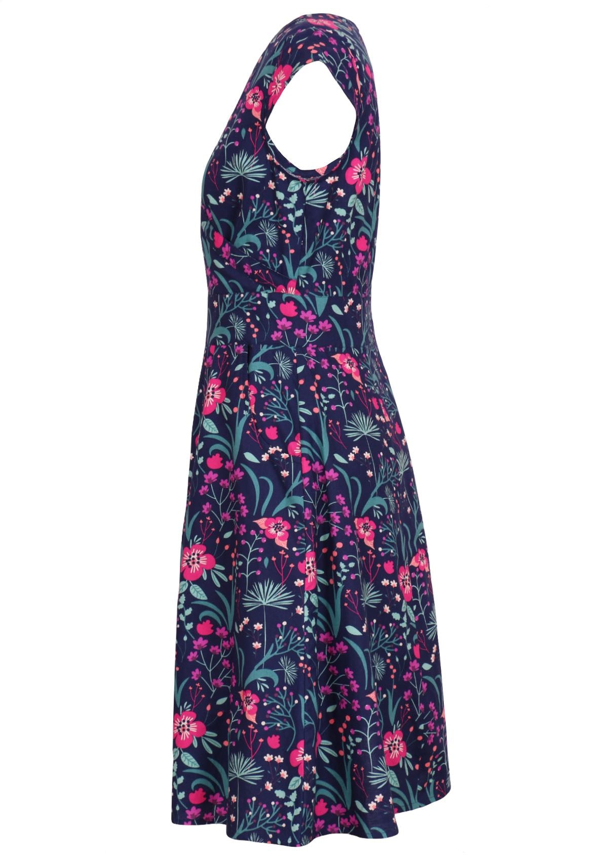 Alice Dress Dianthus side view, retro style 100% cotton navy blue floral with cross over bodice and pockets