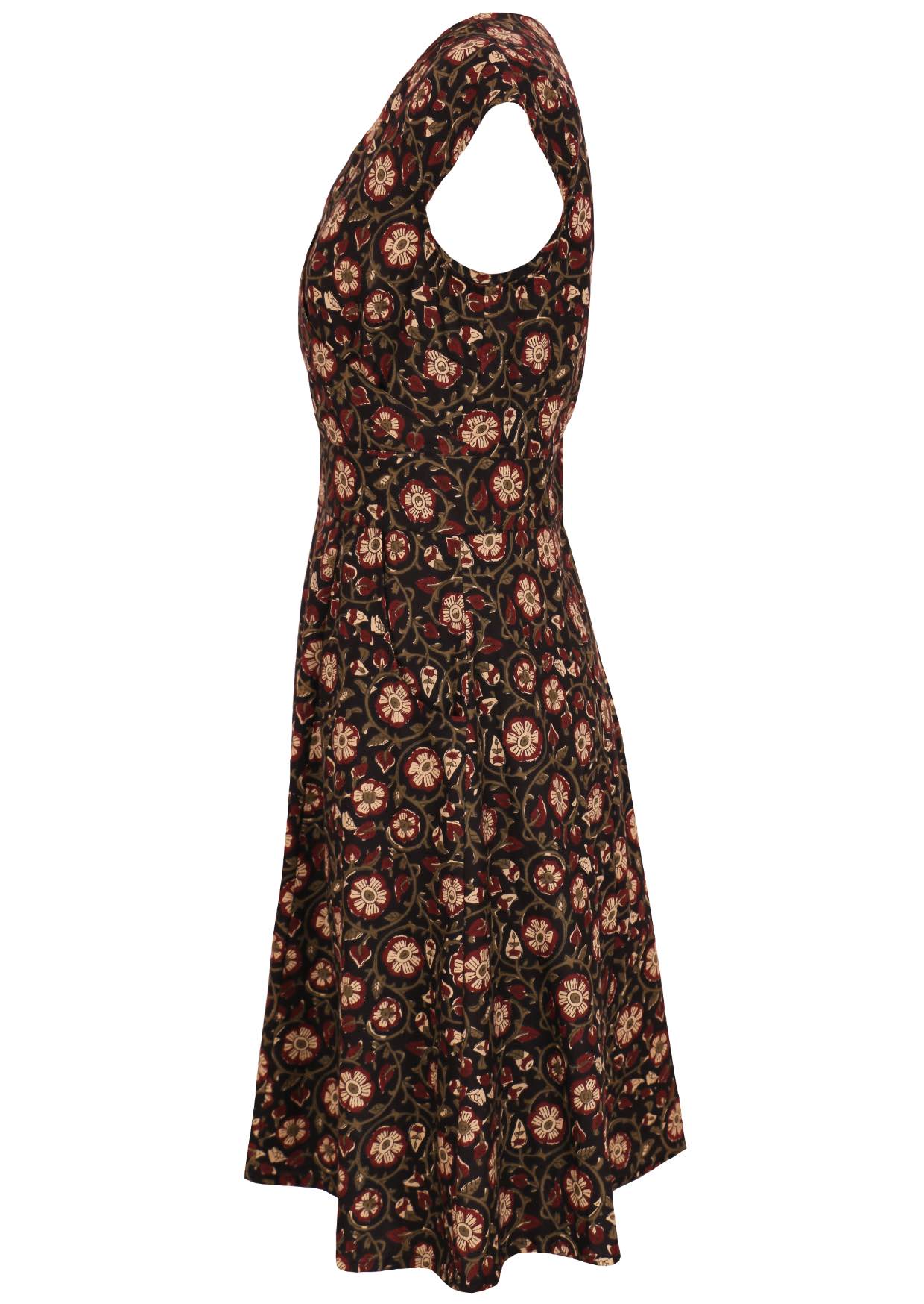 Side image of retro black based floral print cotton dress with pockets