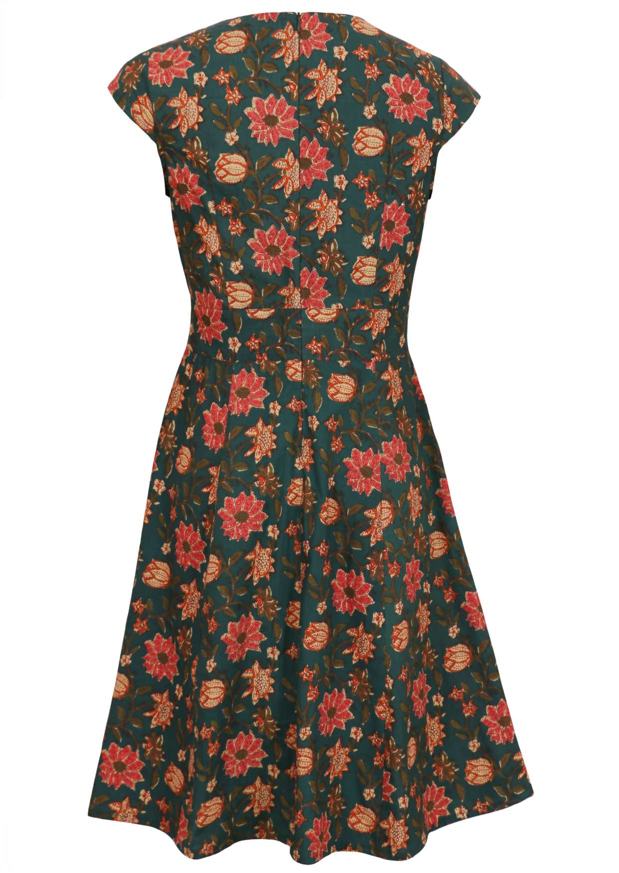 100% cotton floral print dress in deep green with cap sleeves, fuller skirt and central zipper at the back.