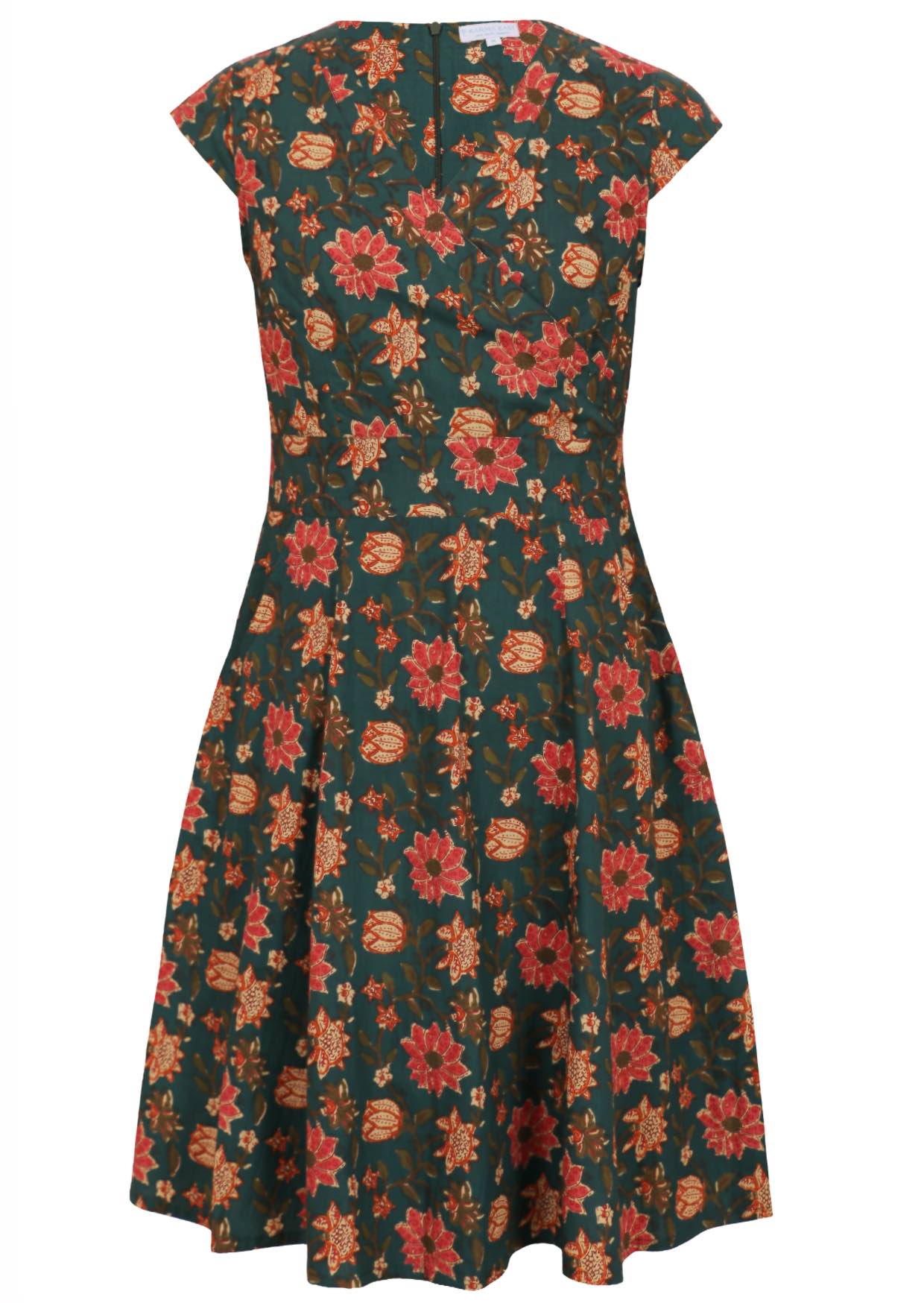 100% Cotton retro style dress with cross-over bodice, cap sleeves and fuller skirt.