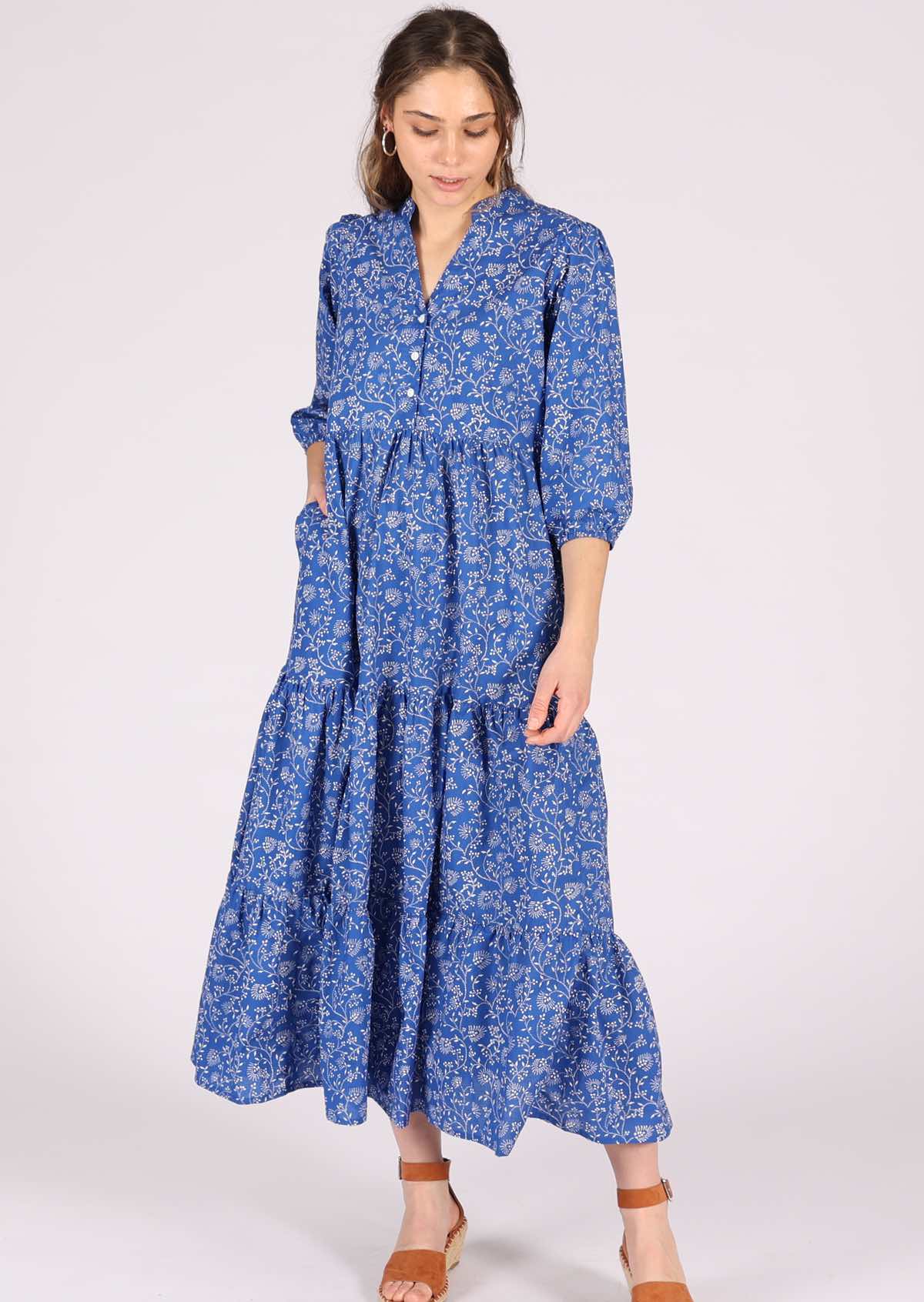 Button bodice 3/4 sleeve cotton maxi dress with pockets