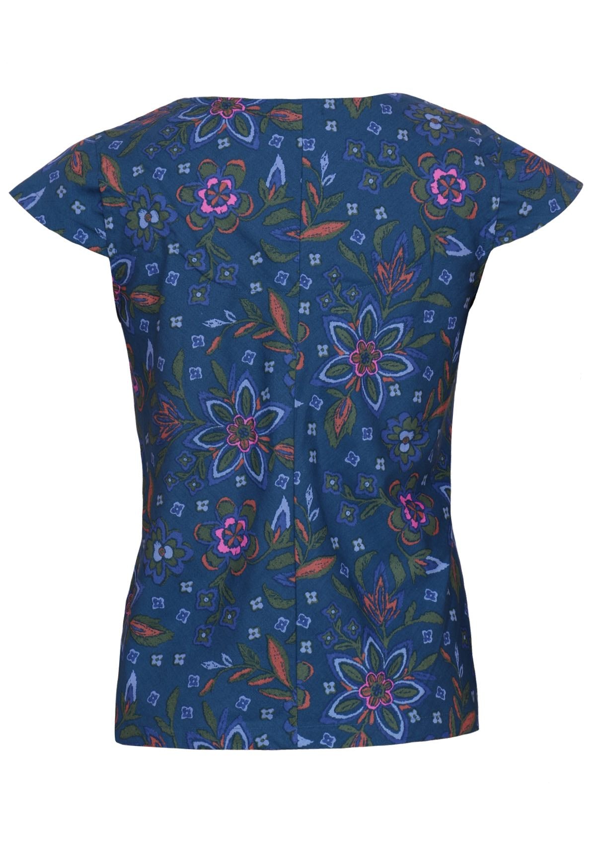 100% cotton cap sleeve top features a colourful floral pattern on a blue base. 