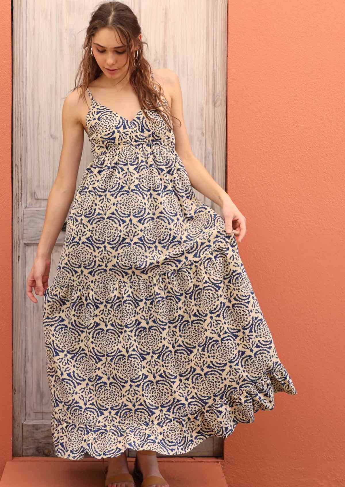 Tiered cotton maxi dress with elastic shirring across back