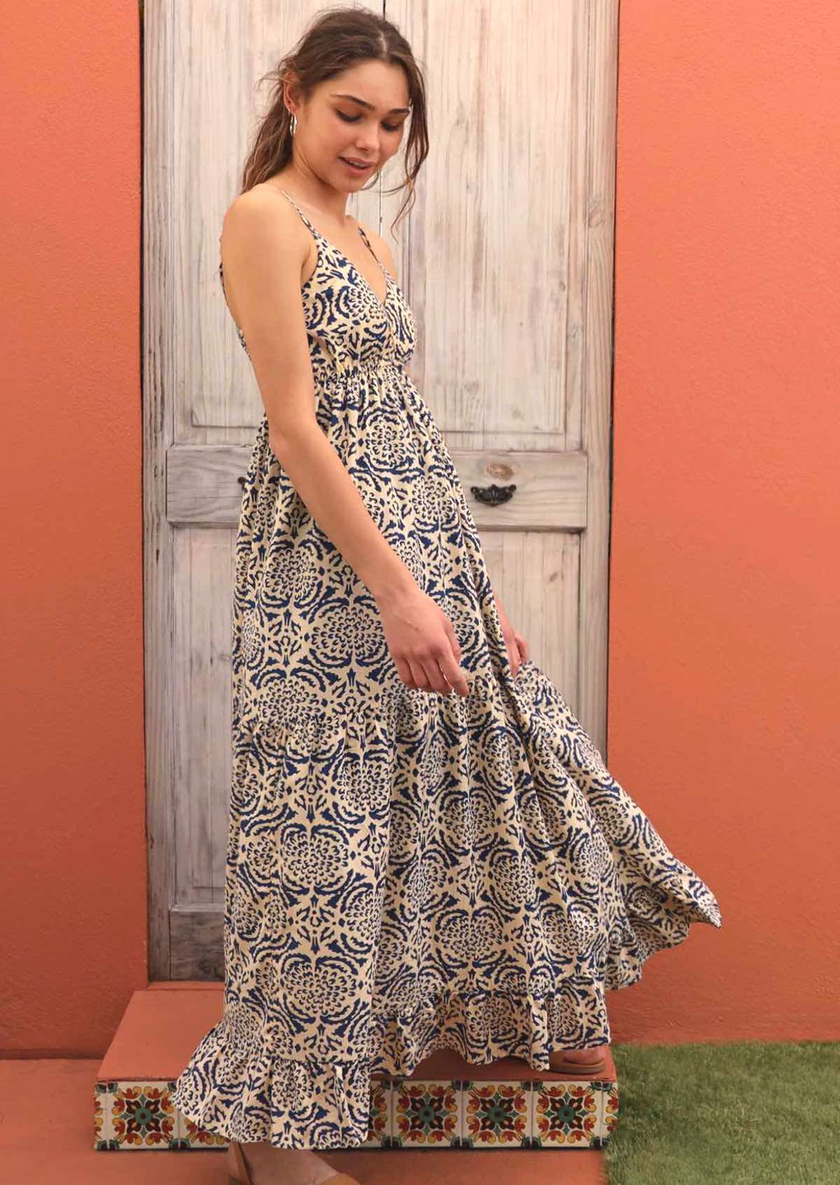 Tiered skirt on cotton bohemian maxi dress