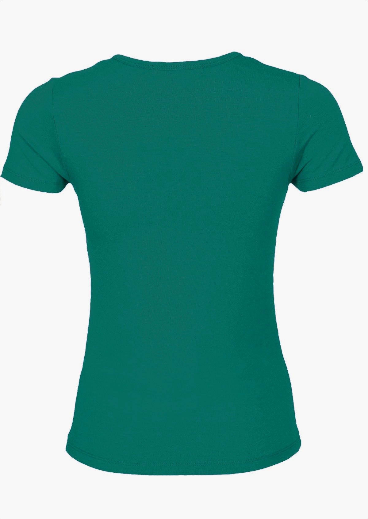 Back view fitted short sleeve green t-shirt.