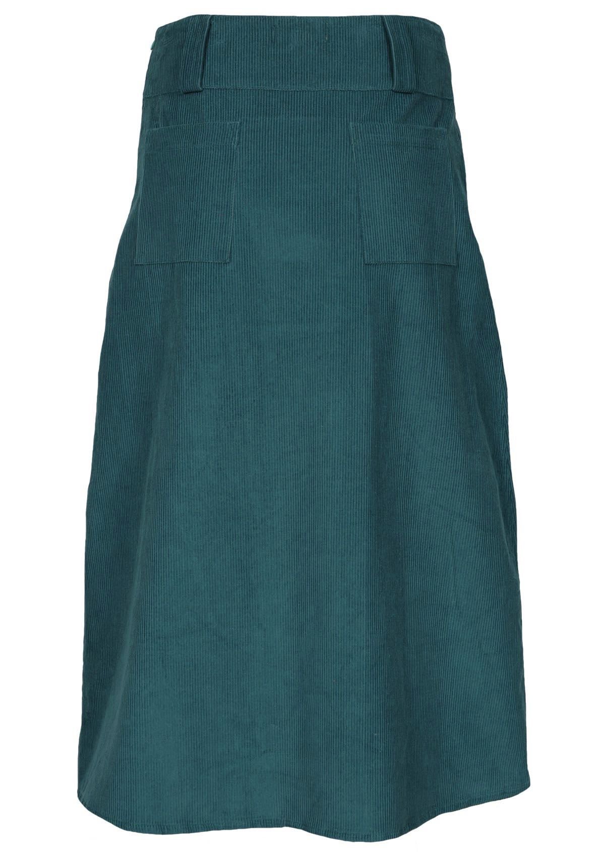 Deep teal shin length skirt has back pockets and is 100% cotton. 