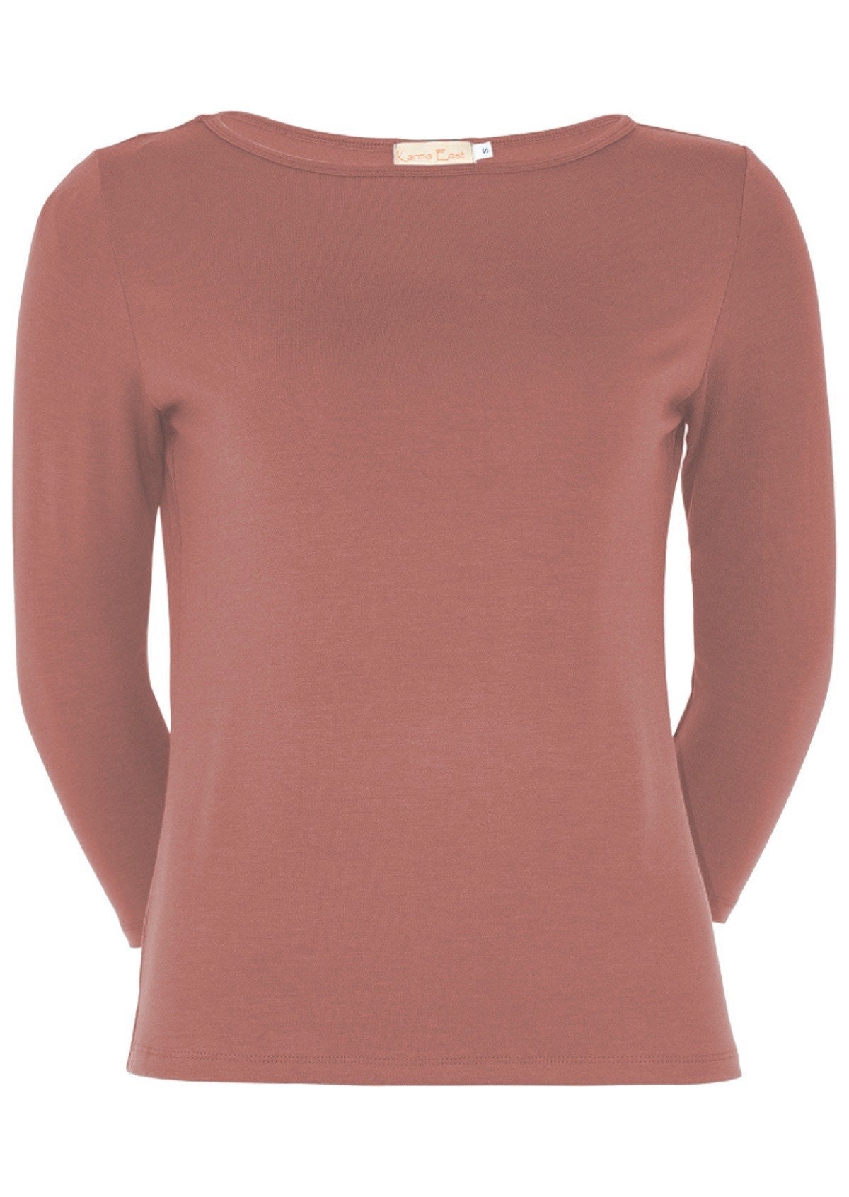 Front view of women's rayon boat neck dusty pink 3/4 sleeve top.