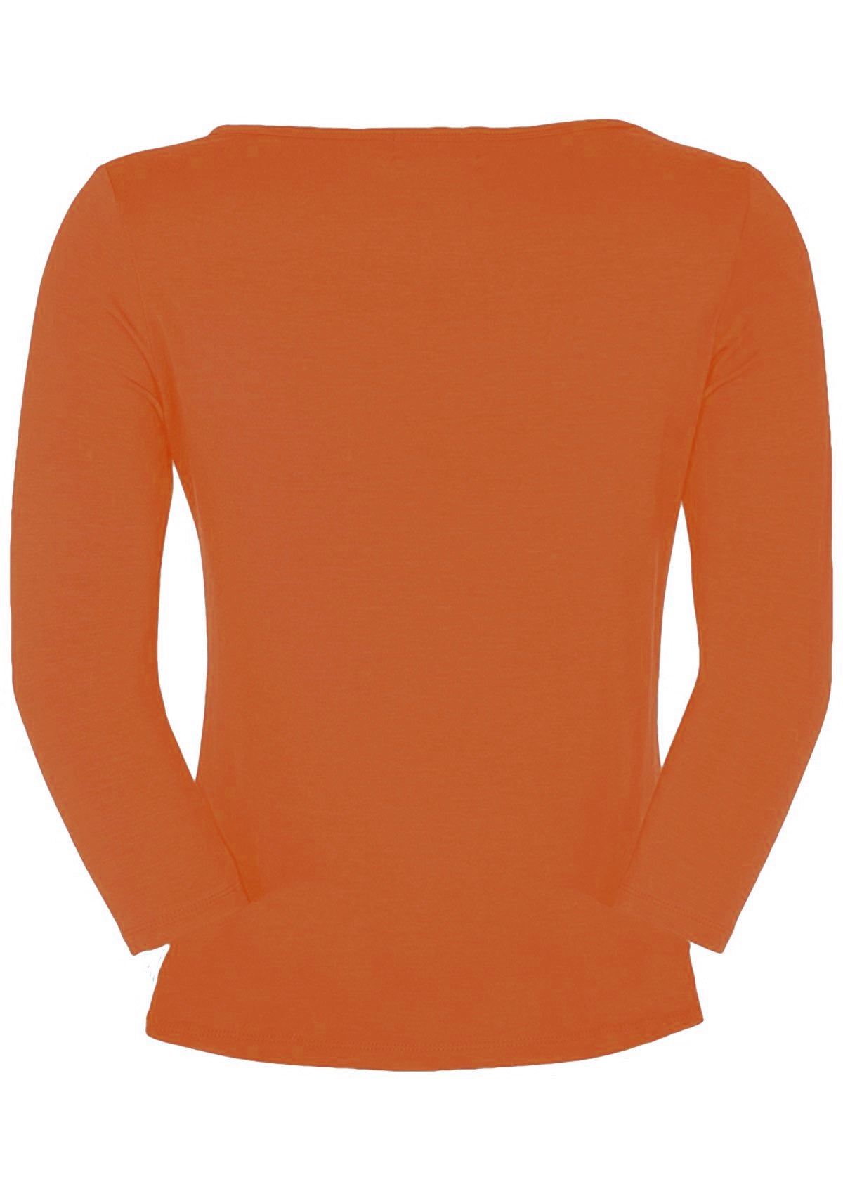 Back view of women's rayon boat neck orange 3/4 sleeve top.