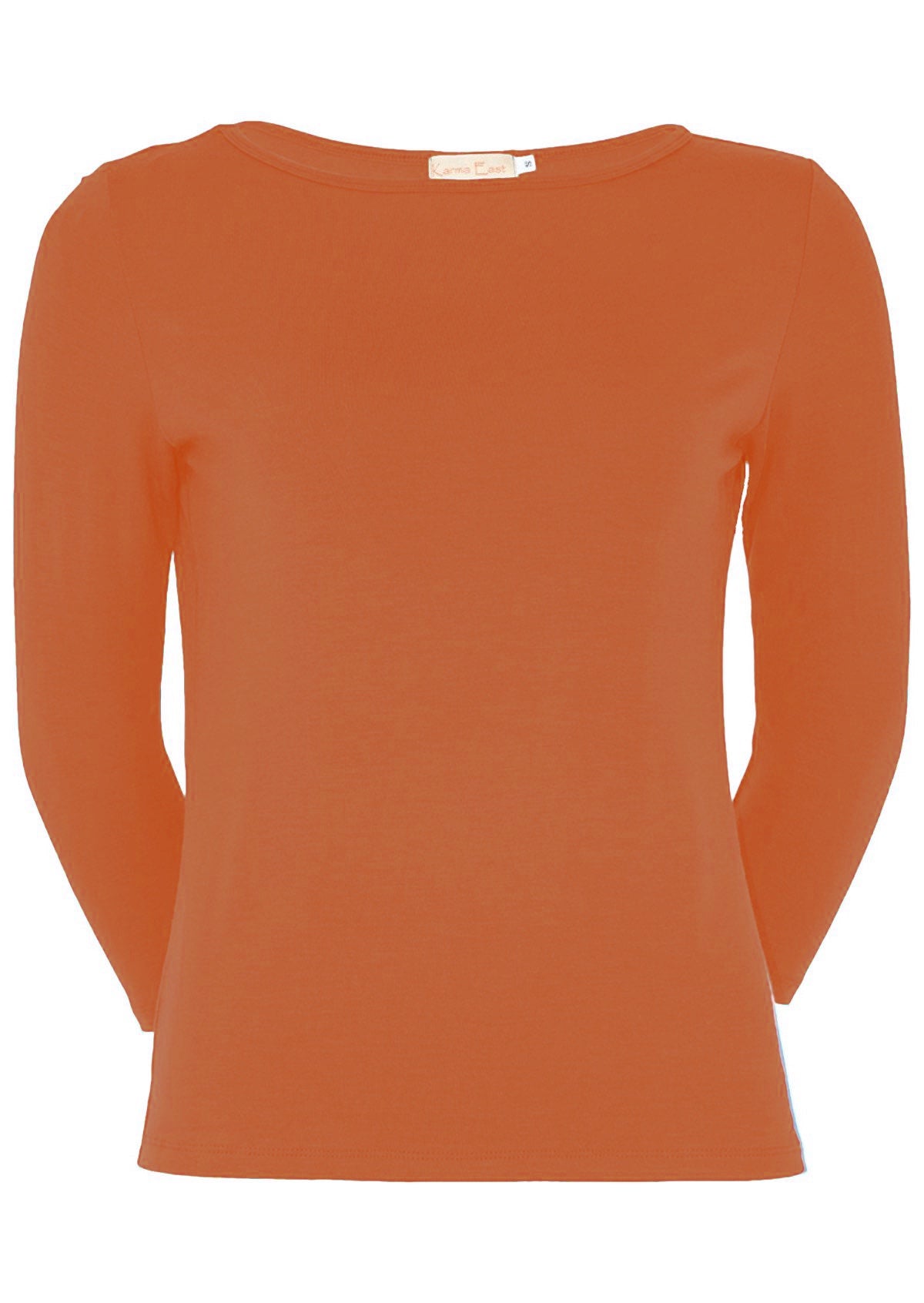 Front view of women's rayon boat neck orange 3/4 sleeve top.