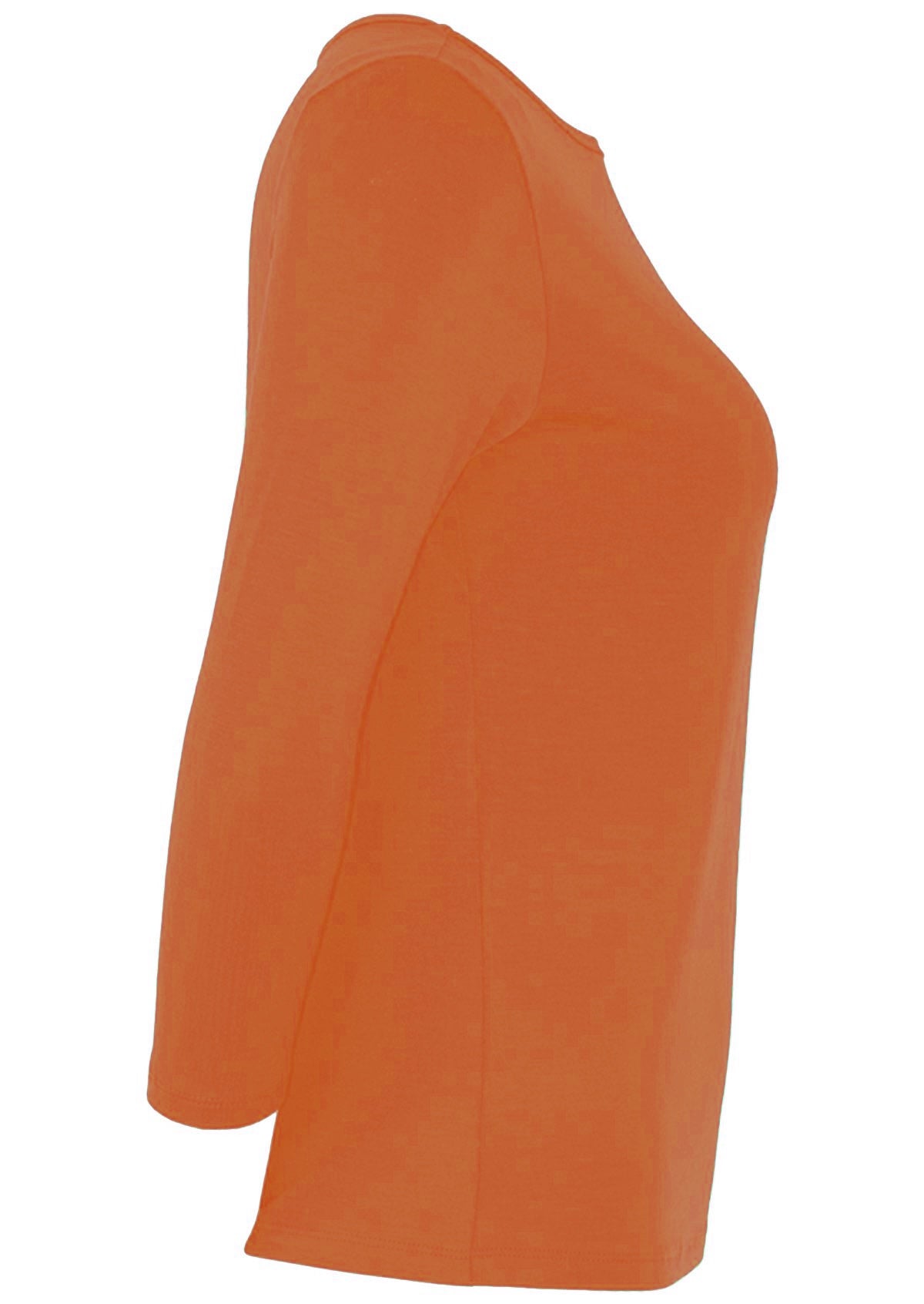 Side view of women's rayon boat neck orange 3/4 sleeve top.