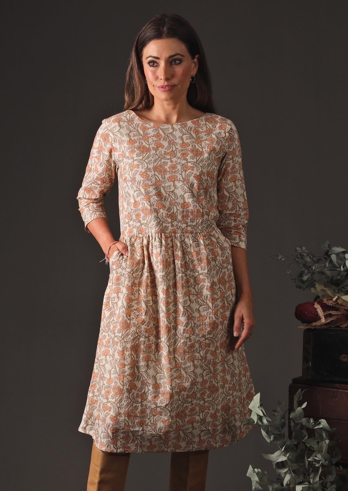 Briar Dress Liberty lightweight 100% cotton lined 3/4 sleeve high neck over knee length relaxed fit Liberty print dress with pockets | Karma East Australia