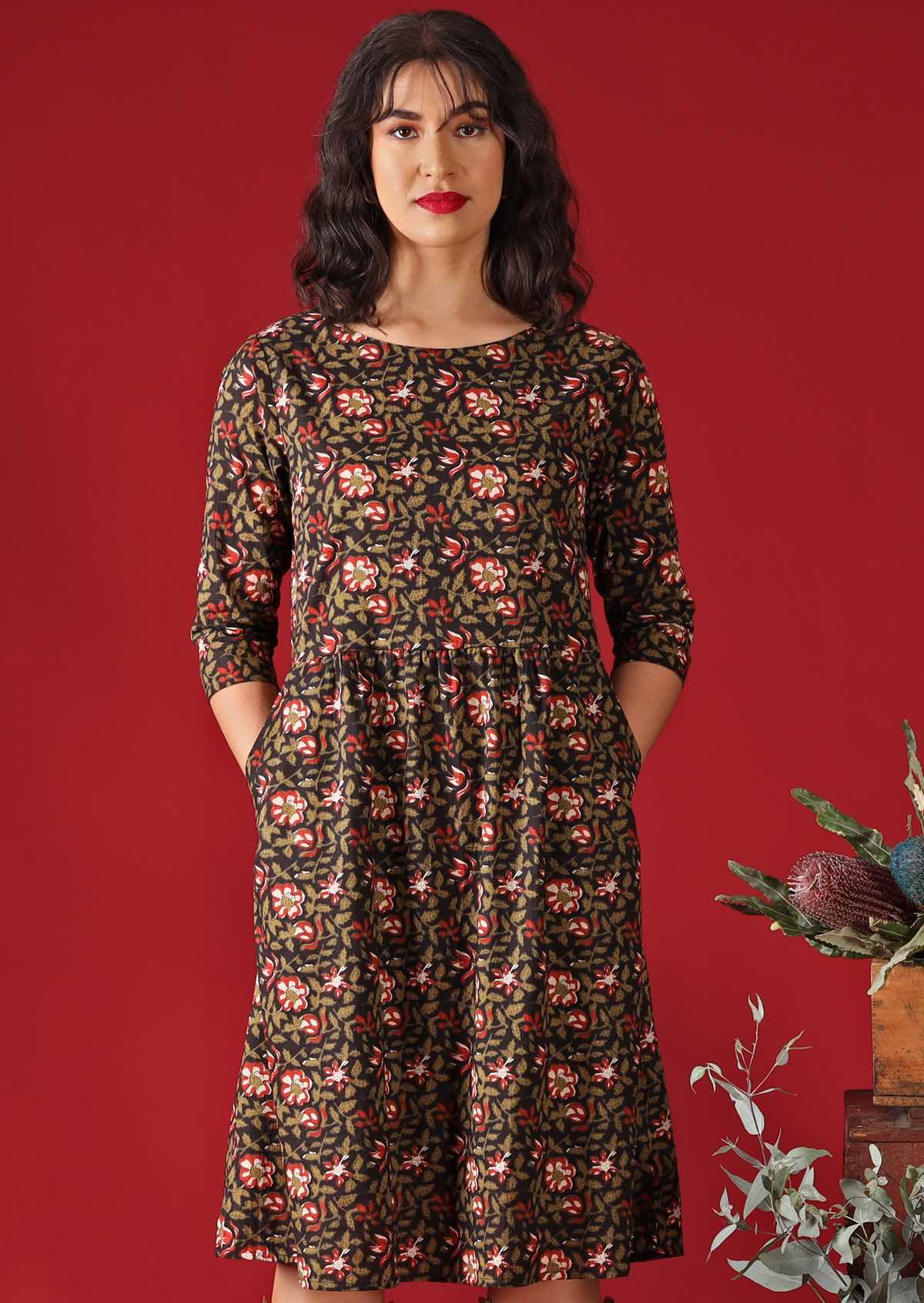 Briar Dress Wild Rose lightweight 100% cotton lined 3/4 sleeve high neck over knee length relaxed fit floral print dress with pockets | Karma East Australia