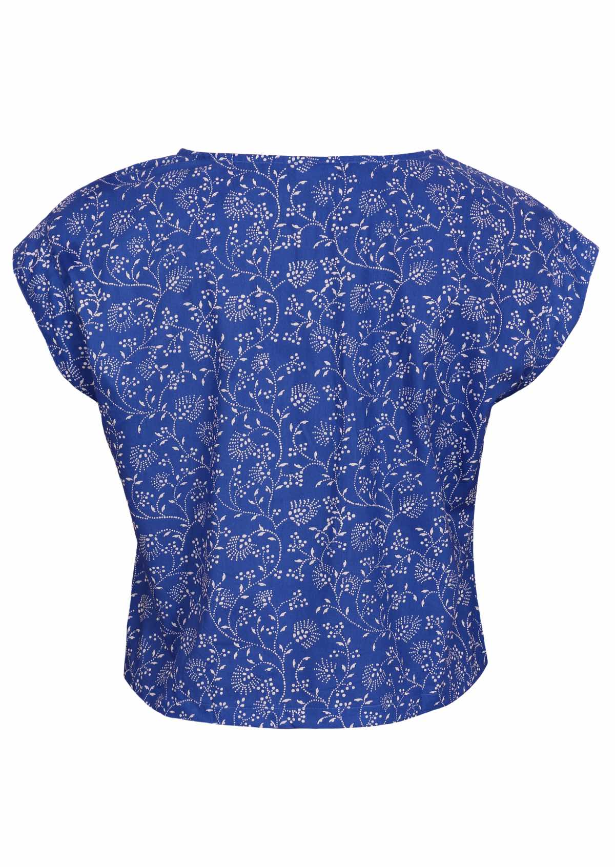 Blue based cotton top ends on the hip. 