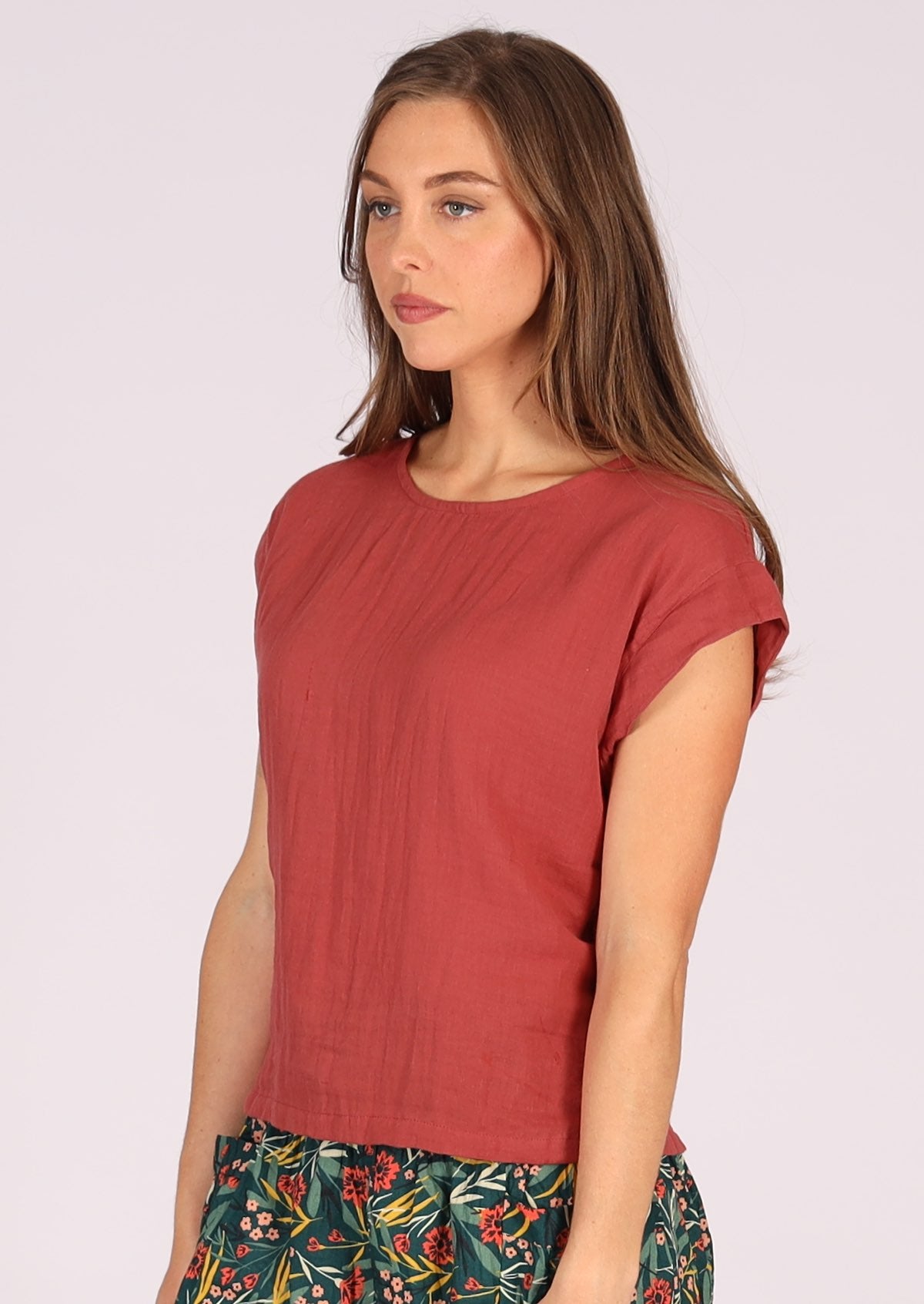 Cap sleeved double cotton terracotta coloured top