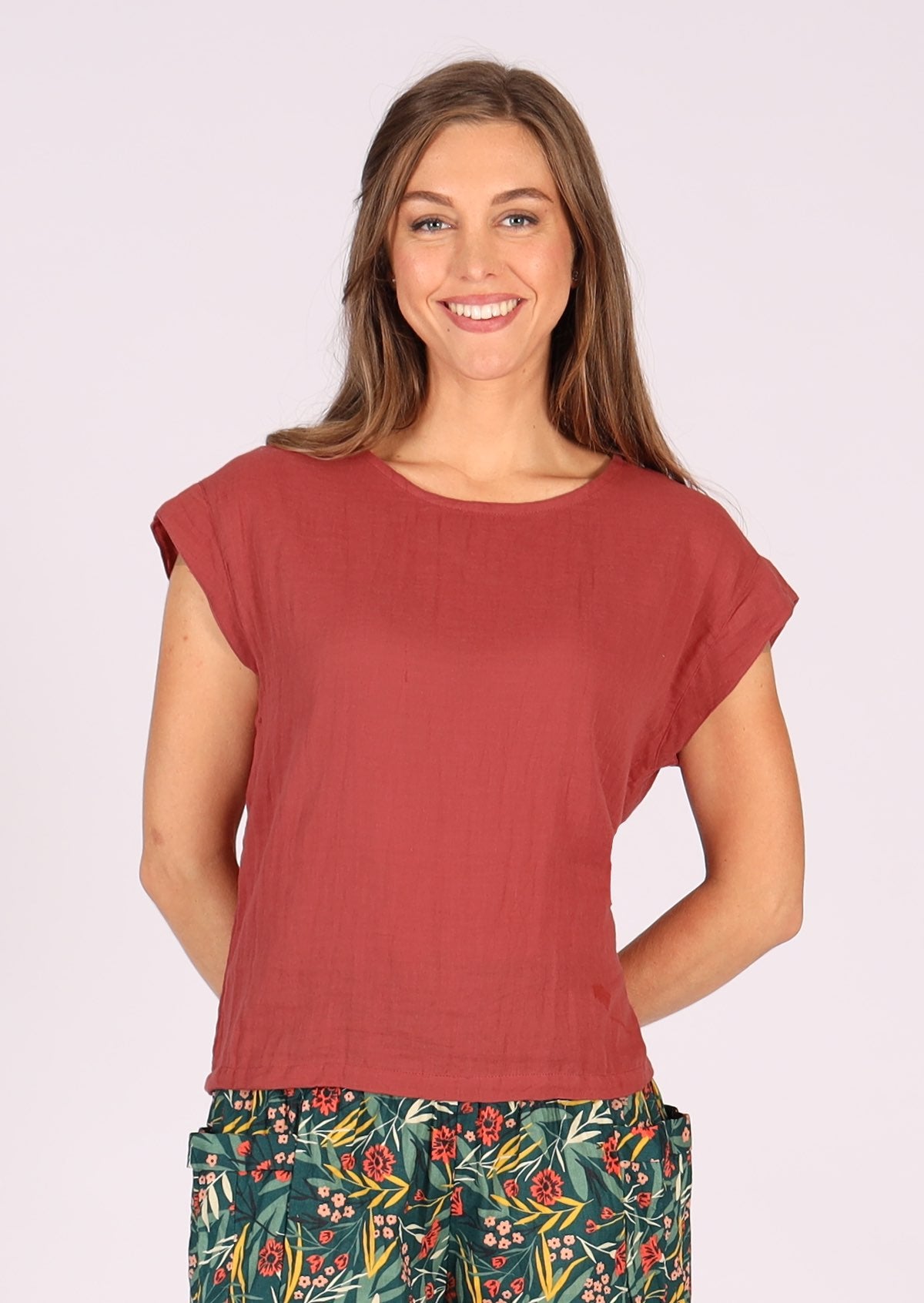 Two layers of 100% cotton gauze make this top