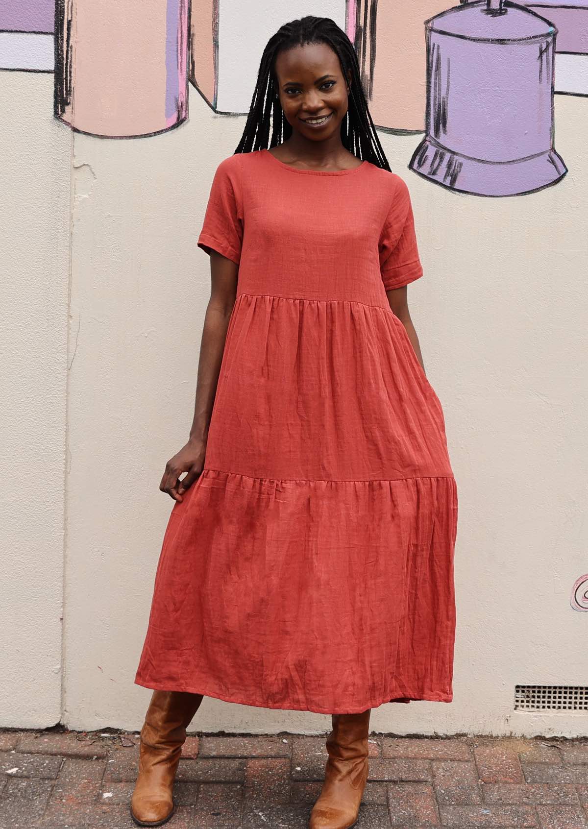 Terracotta coloured double cotton dress with hidden side pockets