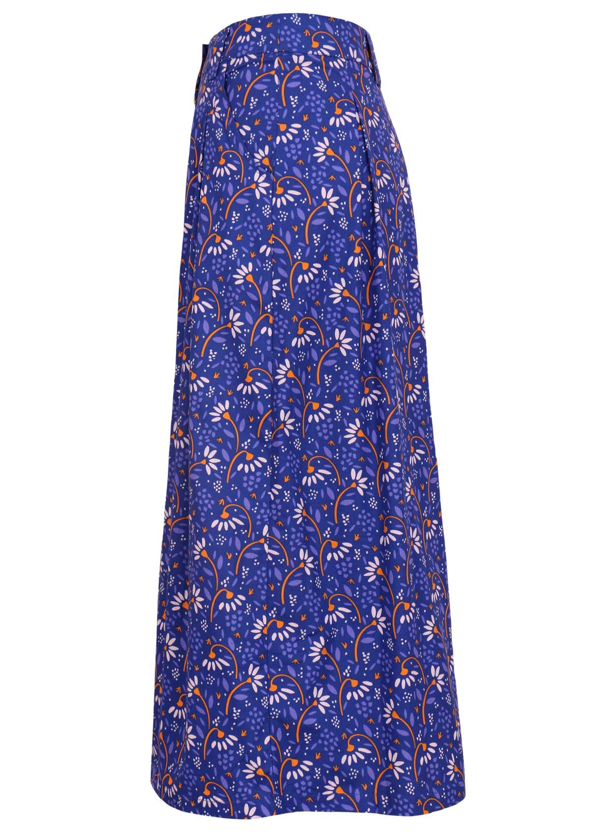 Blue based cotton skirt features a daisy pattern with hints of orange and off white. 