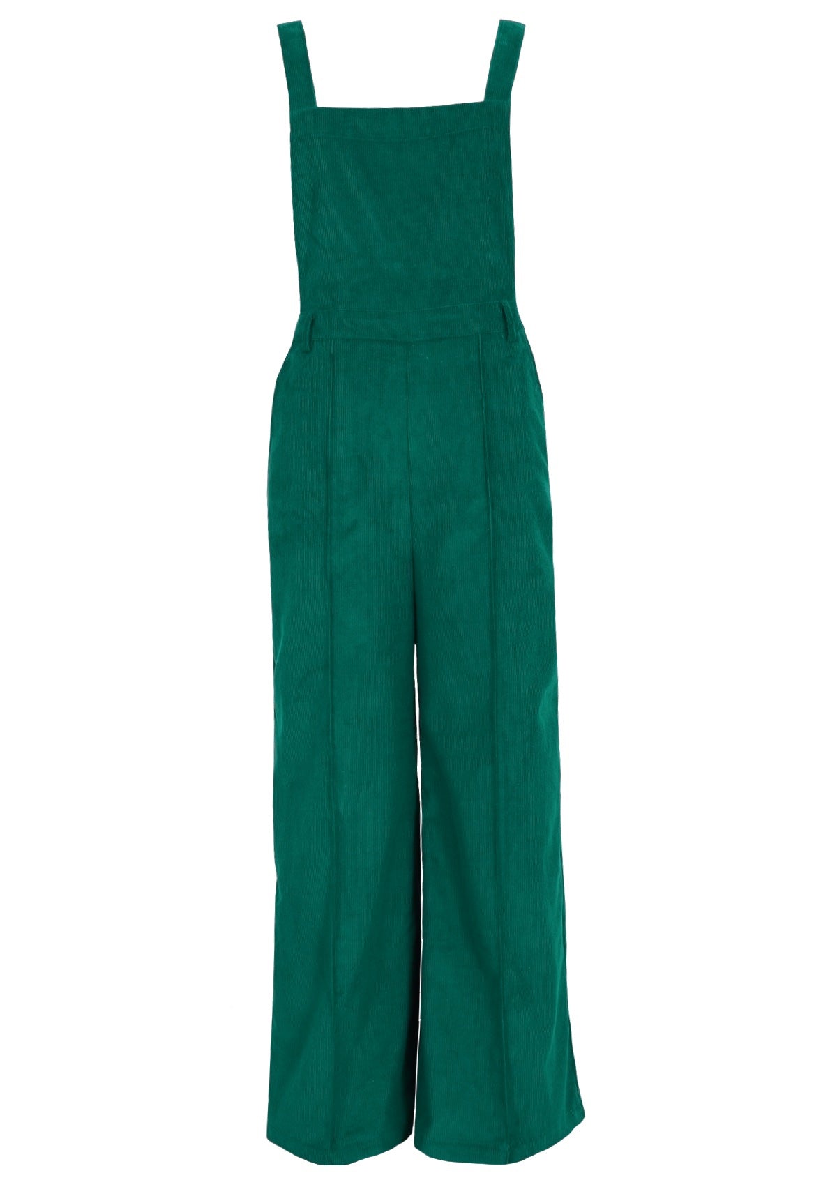 Green cotton corduroy overalls with thick, adjustable straps. 