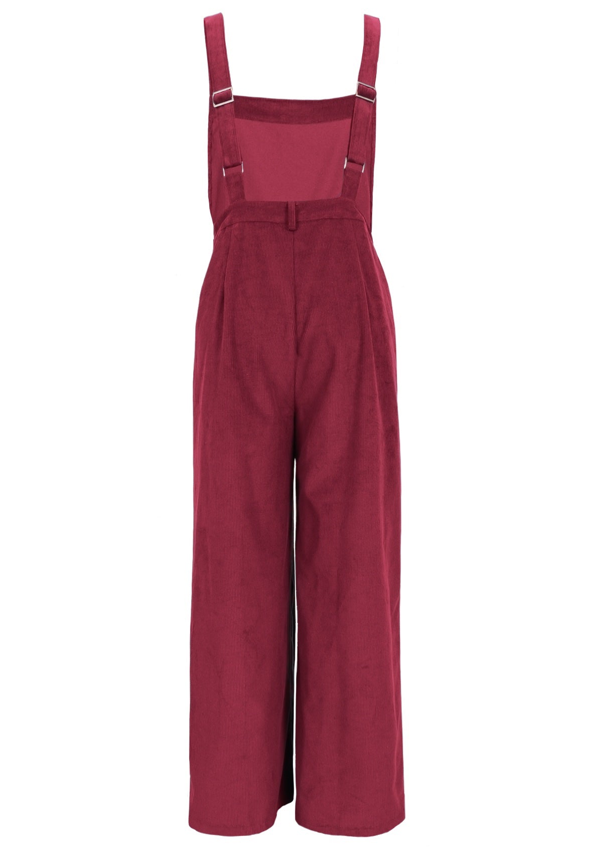 Red corduroy overalls feature pockets and a side zip