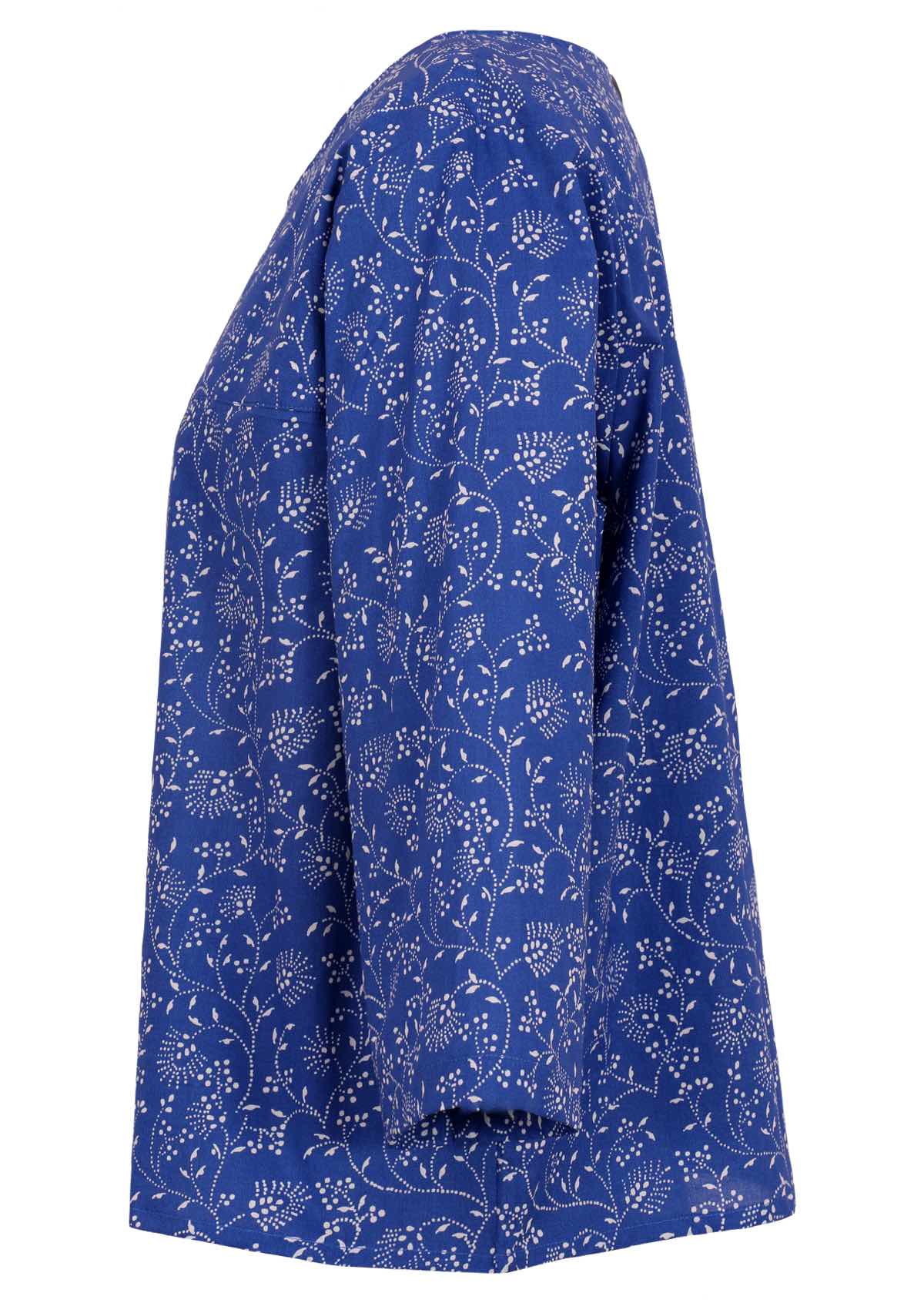 Blue floral top has a loose fit and round neckline. 