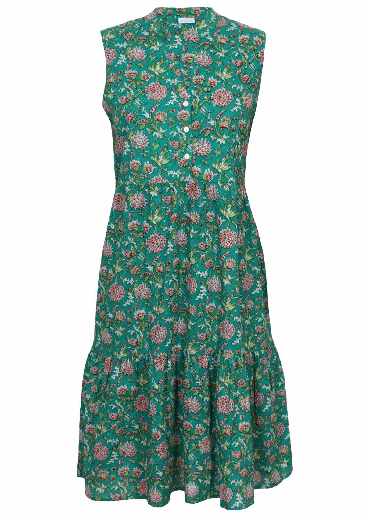 Front mannequin photo of cotton floral print sleeveless midi length dress with buttoned bodice and V-neckline