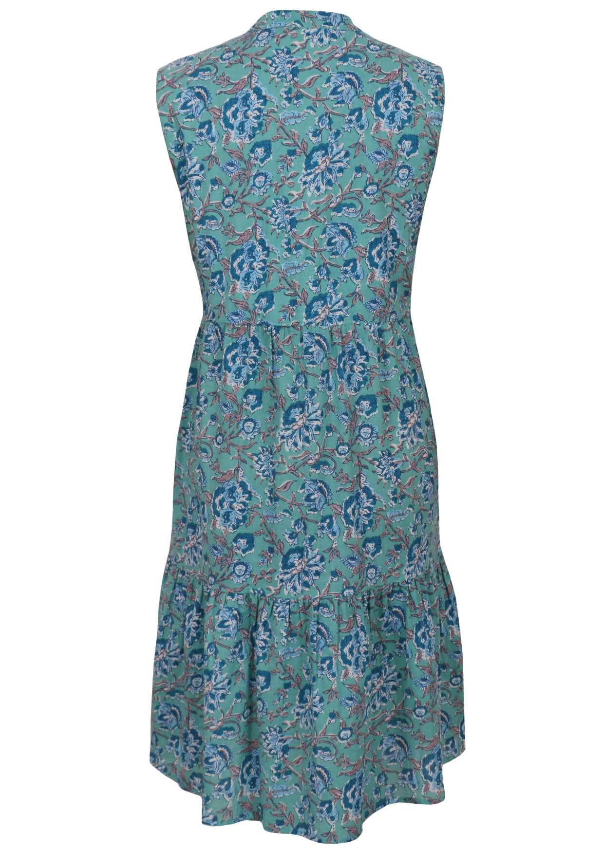 Sleeveless tiered cotton dress with blue and grey floral print on an aqua base