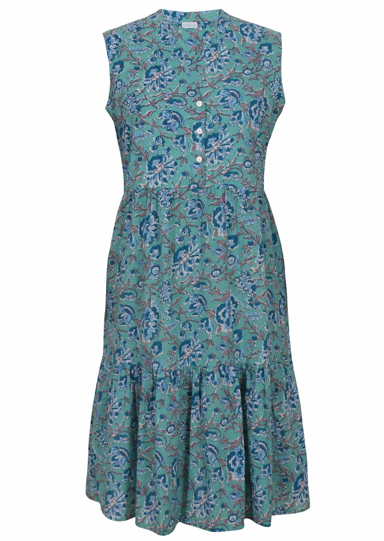 Sleeveless tiered cotton dress with buttoned bodice, in blue and grey floral print on an aqua base