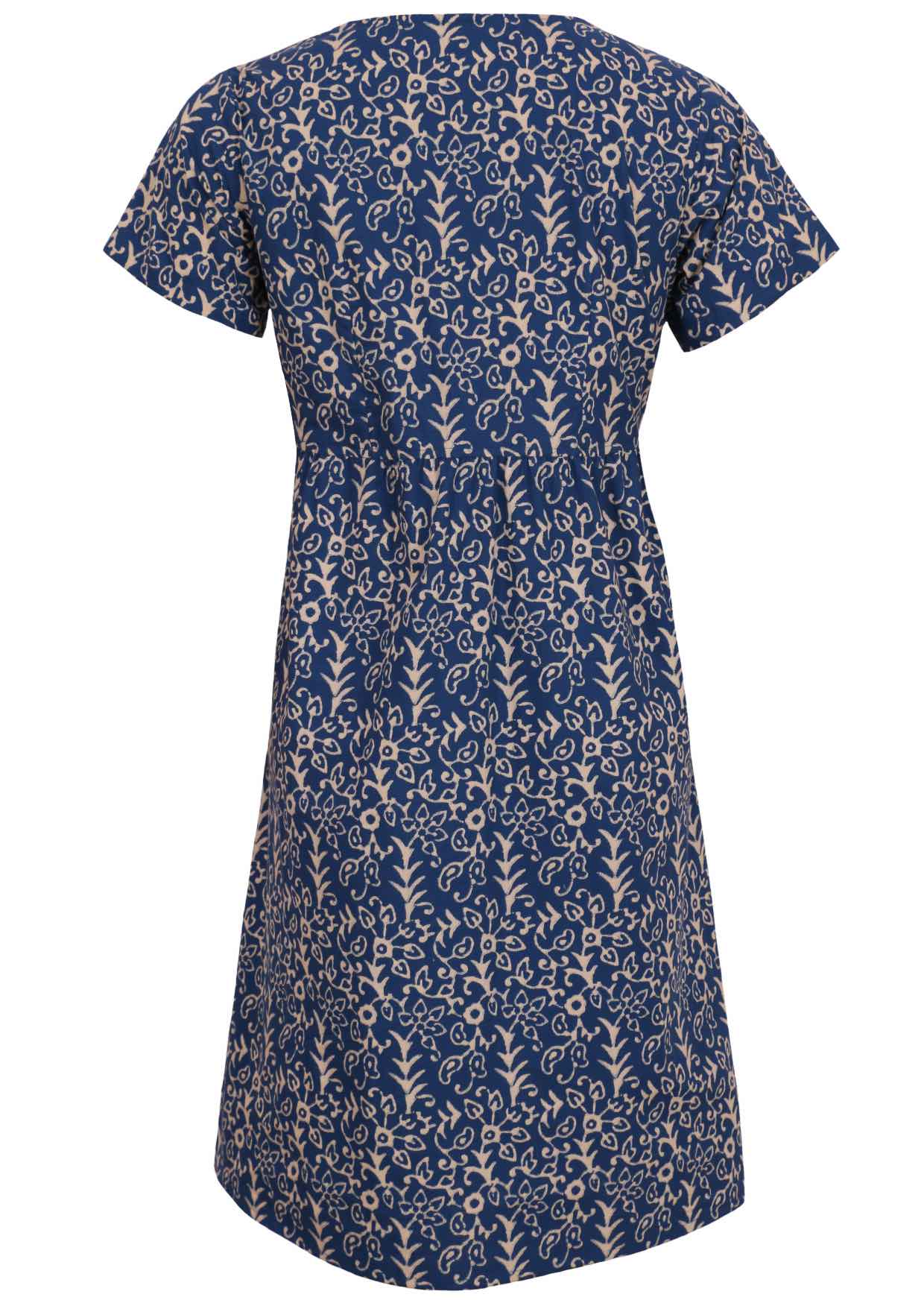 Back mannequin photo of short sleeve blue based floral Indian block print dress