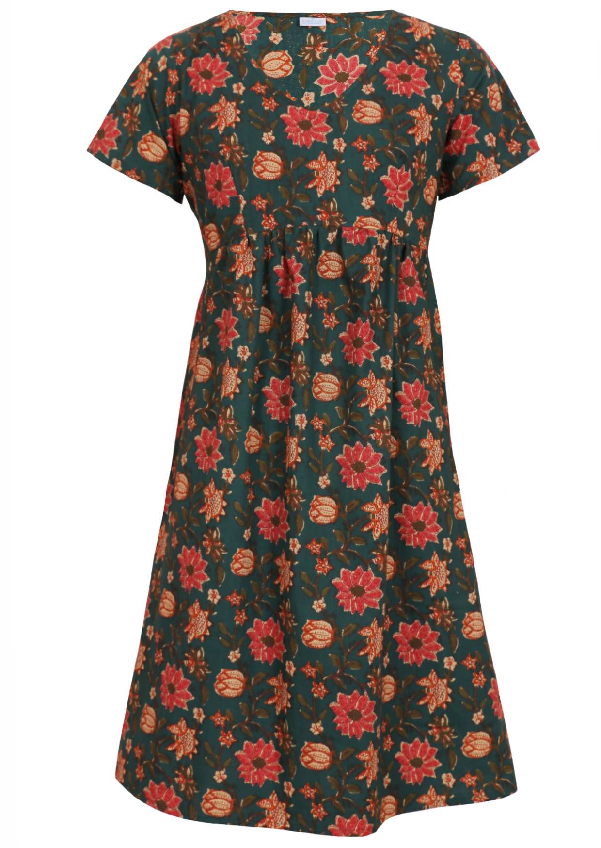 100% cotton, short sleeve dress with V neckline in beautiful pink, orange and cream florals on dark green base.