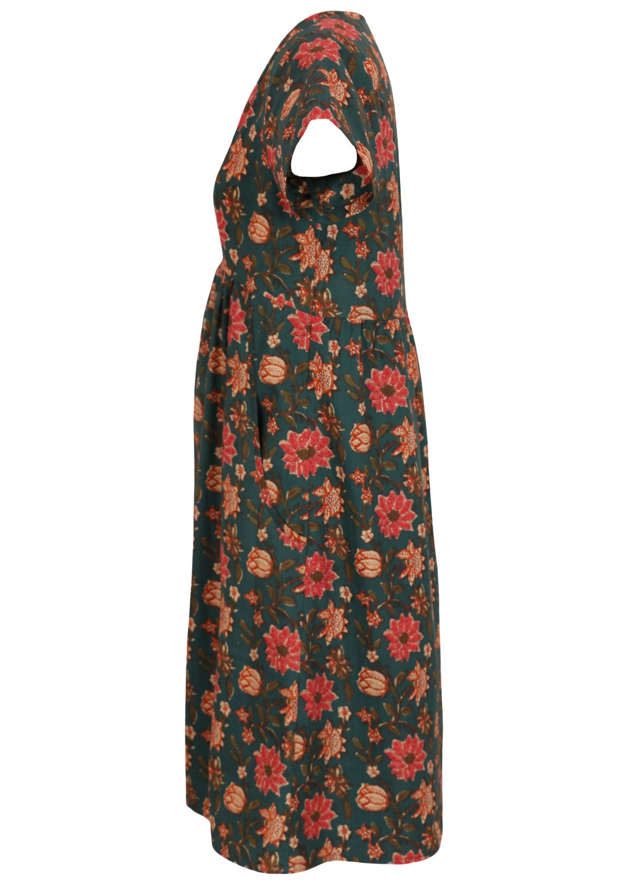 Side image short sleeved deep green dress with pockets and V neckline.