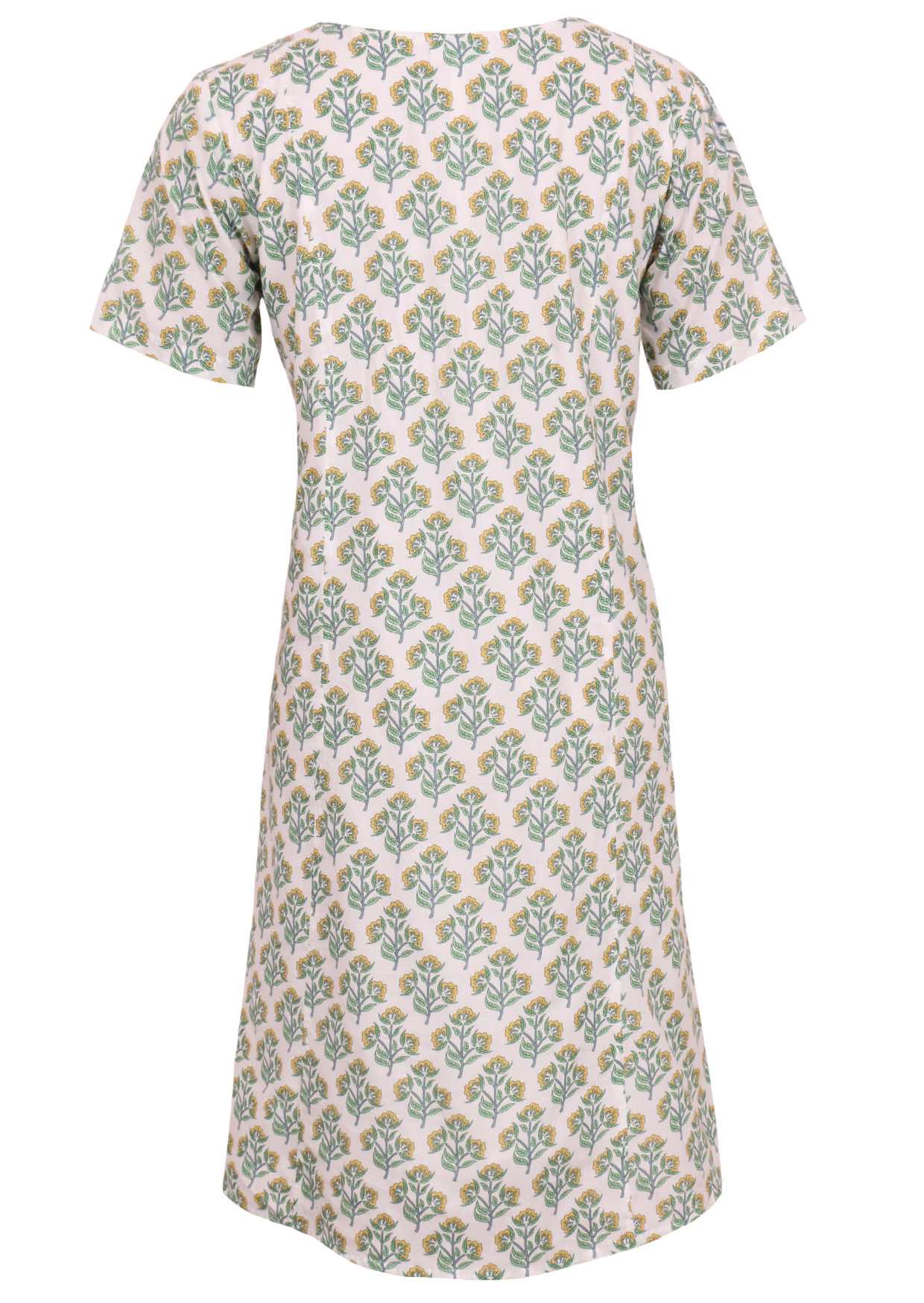 The back side of the dress has a floral pattern, and it has a color of yellow and green on white cotton