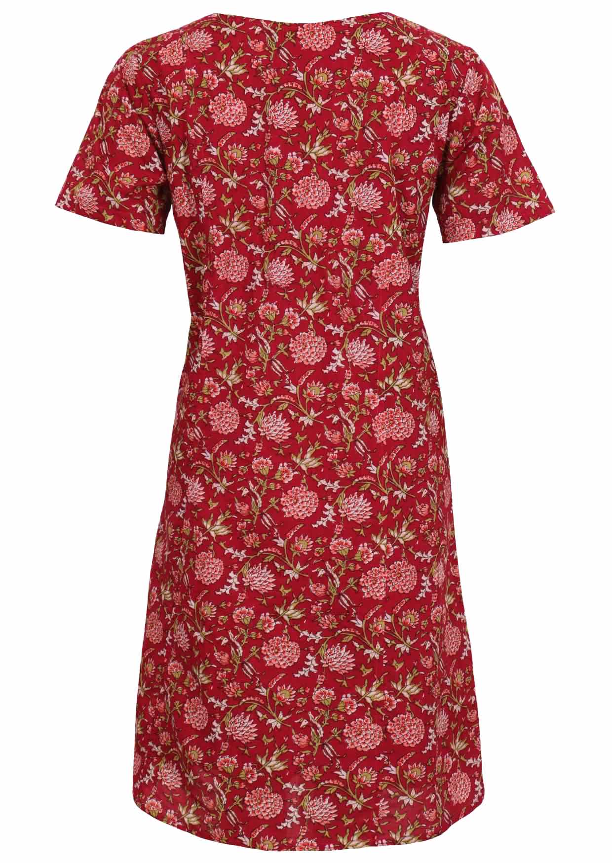 Back mannequin photo of short sleeve cotton sun dress in floral print on cranberry base, with gathers under bust and deep pockets