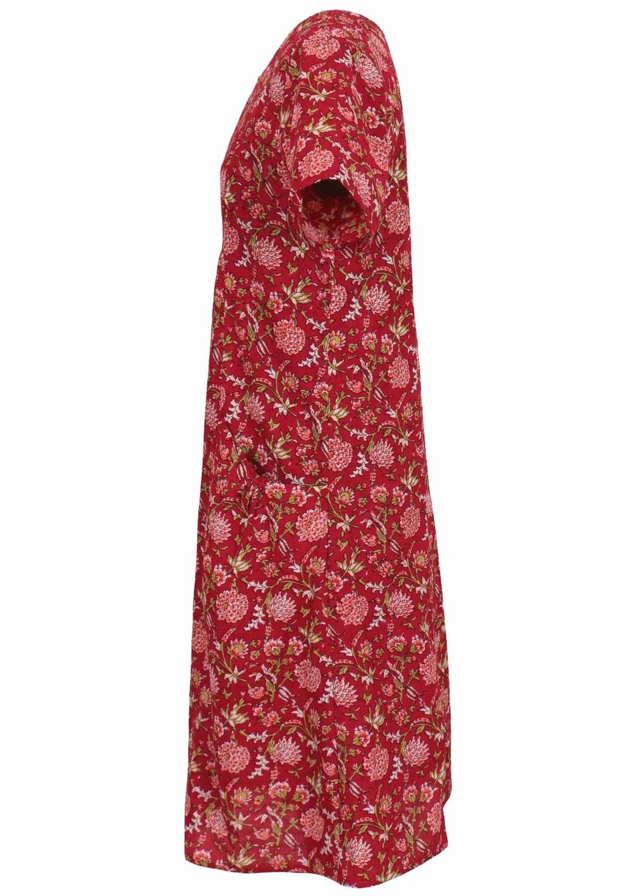 Side mannequin photo of short sleeve cotton sun dress in floral print on cranberry base, with gathers under bust and deep pockets