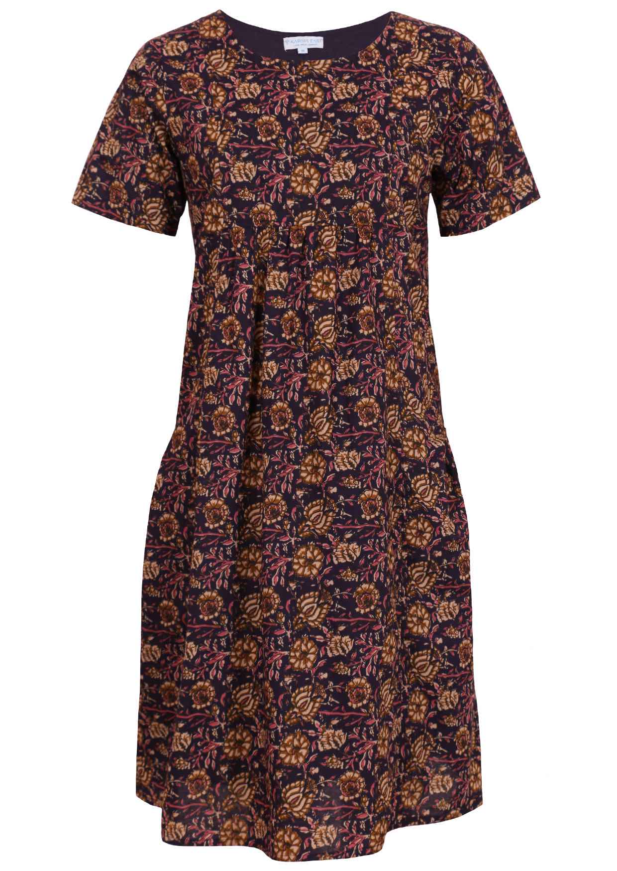 Lightweight 100% cotton, short sleeve dress in floral print on dark purple base, with gathers under the bust and pockets.