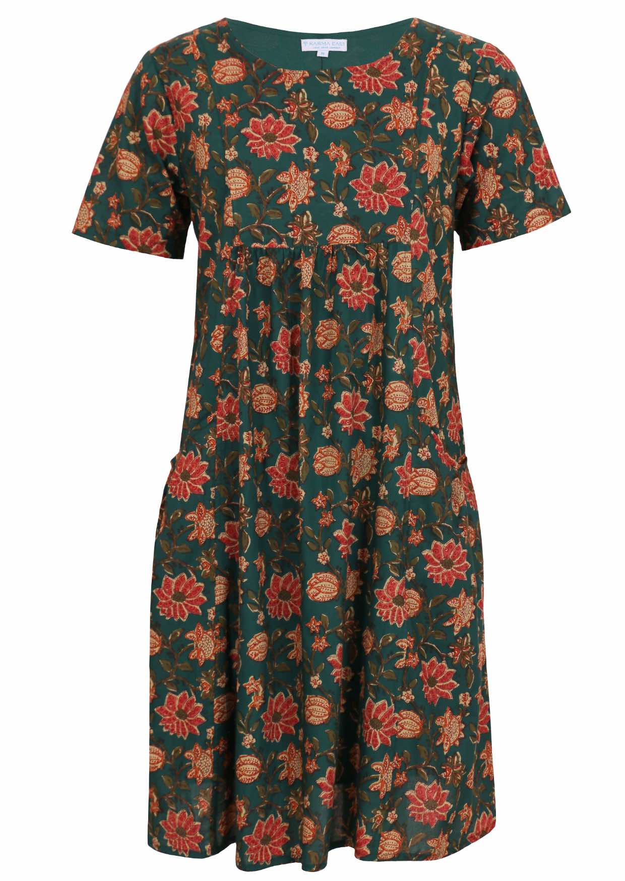 100% cotton summer dress with deep pockets and simple round neckline.