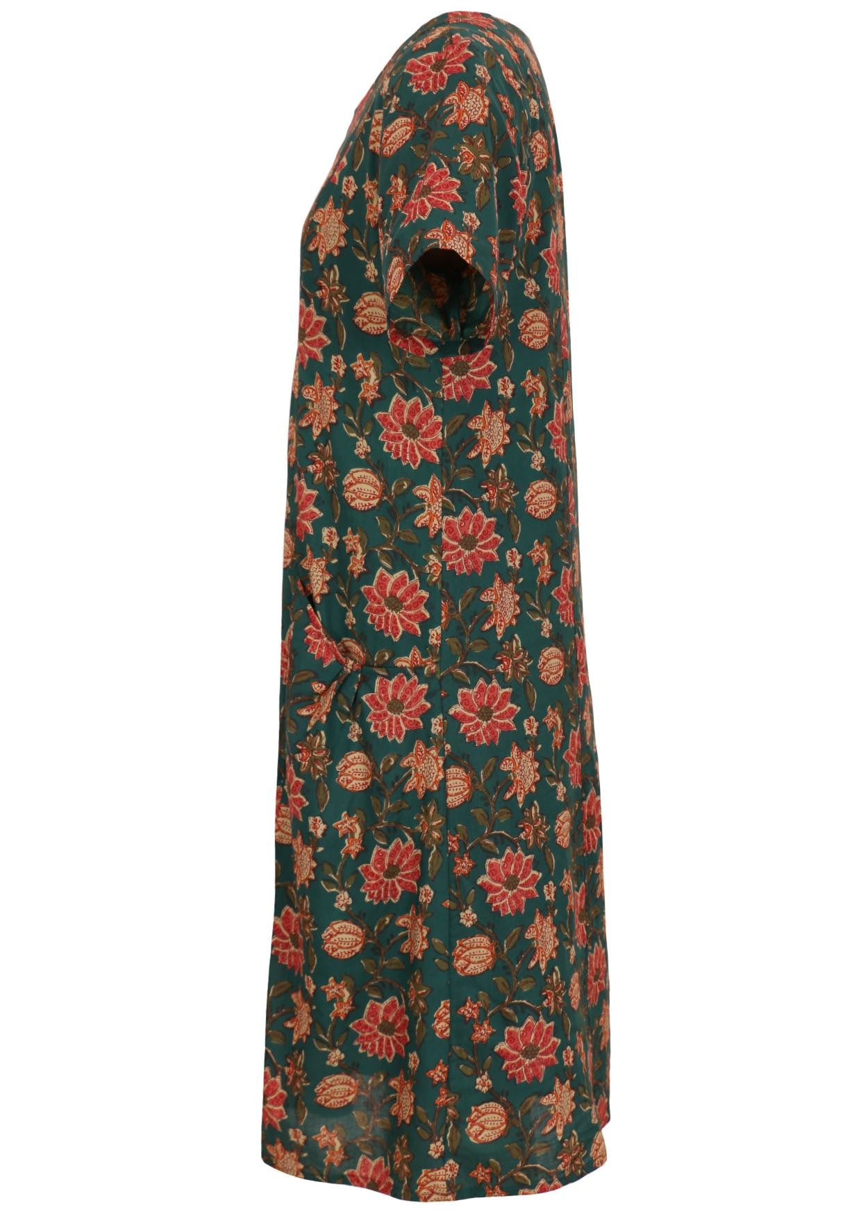 Side image of floral printed green cotton dress with short sleeves and pockets.