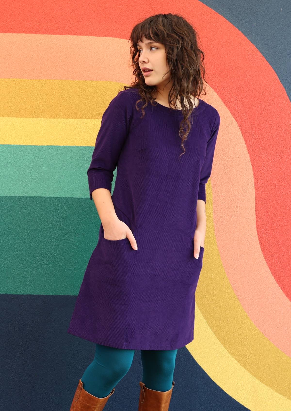 Cotton corduroy bright purple dress with pockets