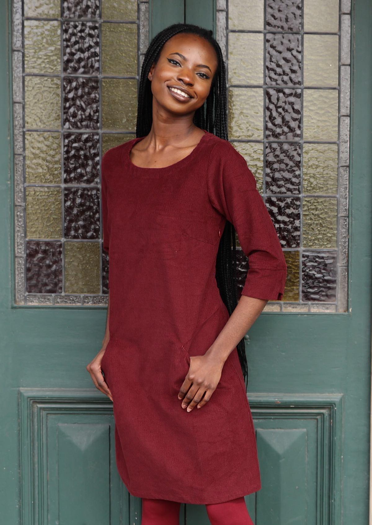 Above knee length cotton corduroy dress with 3/4 sleeves