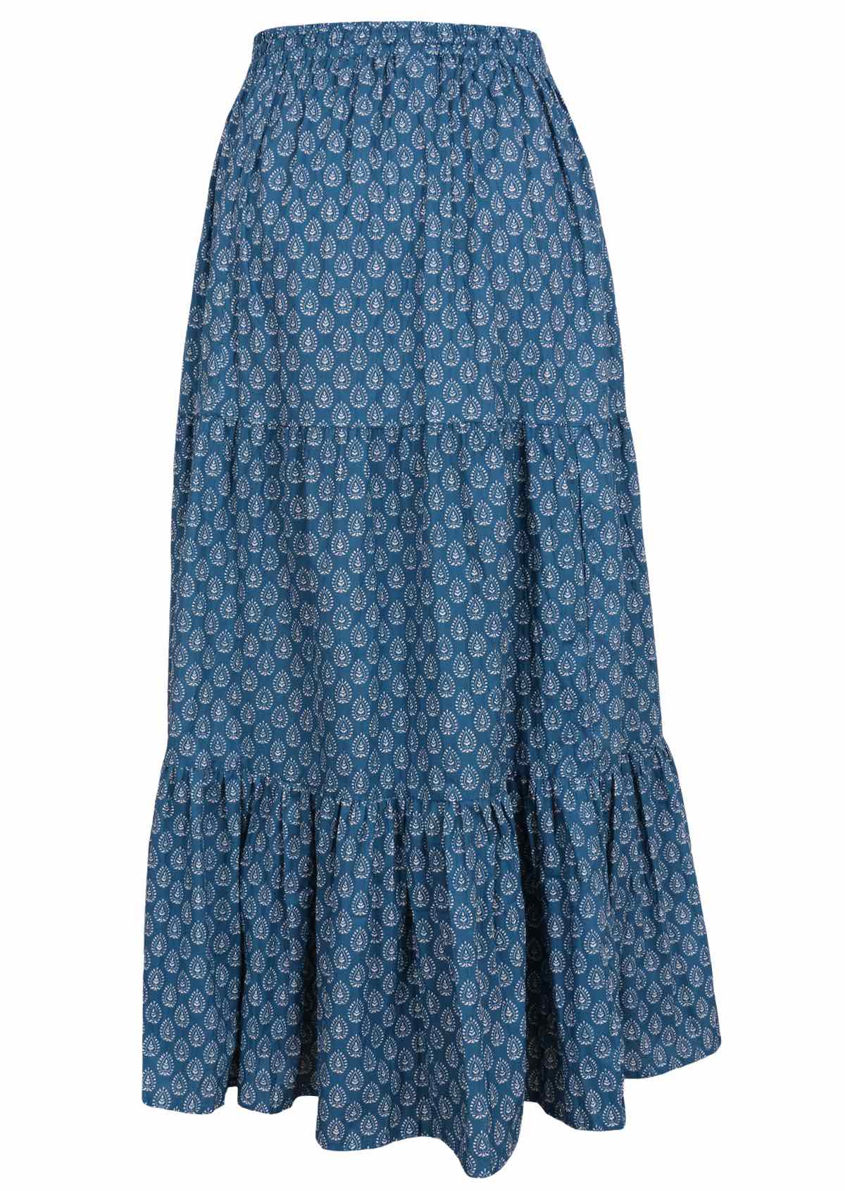 White pendant print on blue base cotton maxi skirt