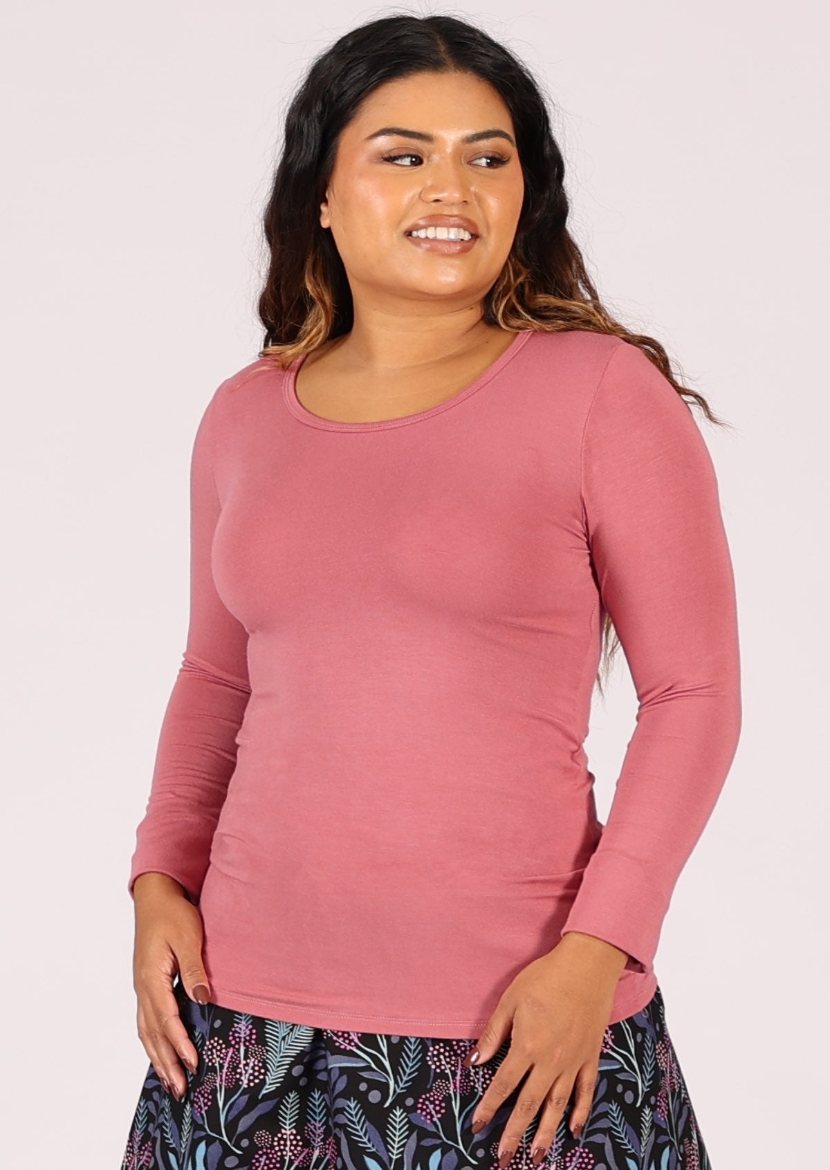 Soft stretch rayon long sleeve top with round neckline
