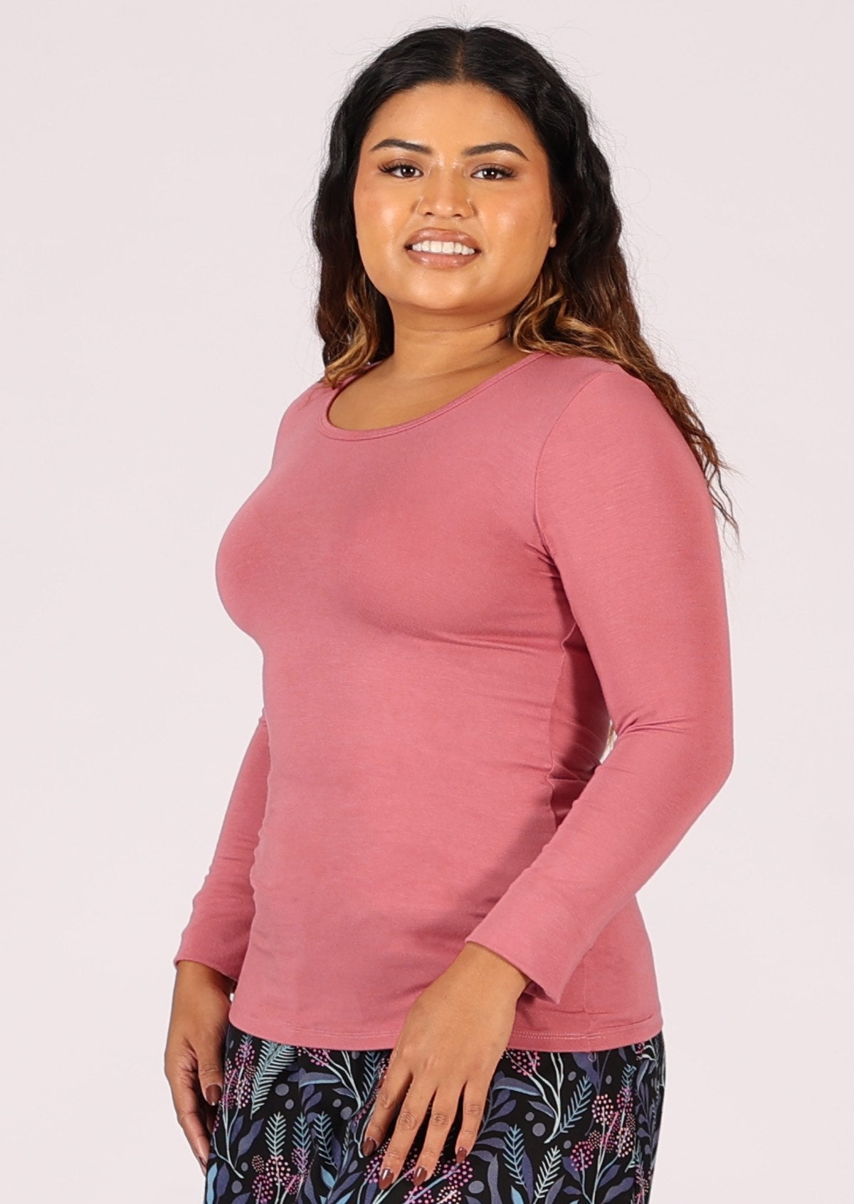 Soft stretch rayon top with long sleeves and round neckline