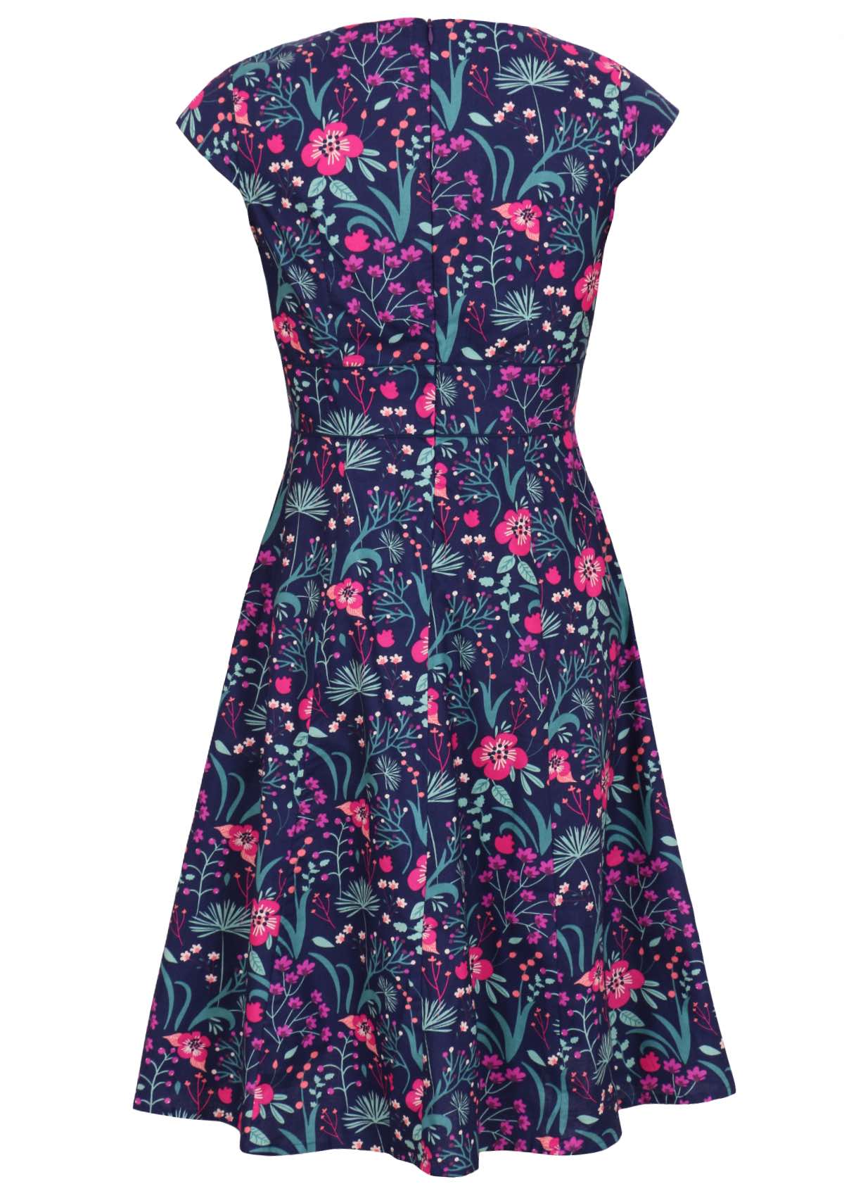 retro inspired Scarlett Dress Dianthus in a vibrant navy, purple, pink and aqua floral print on 100% cotton back view