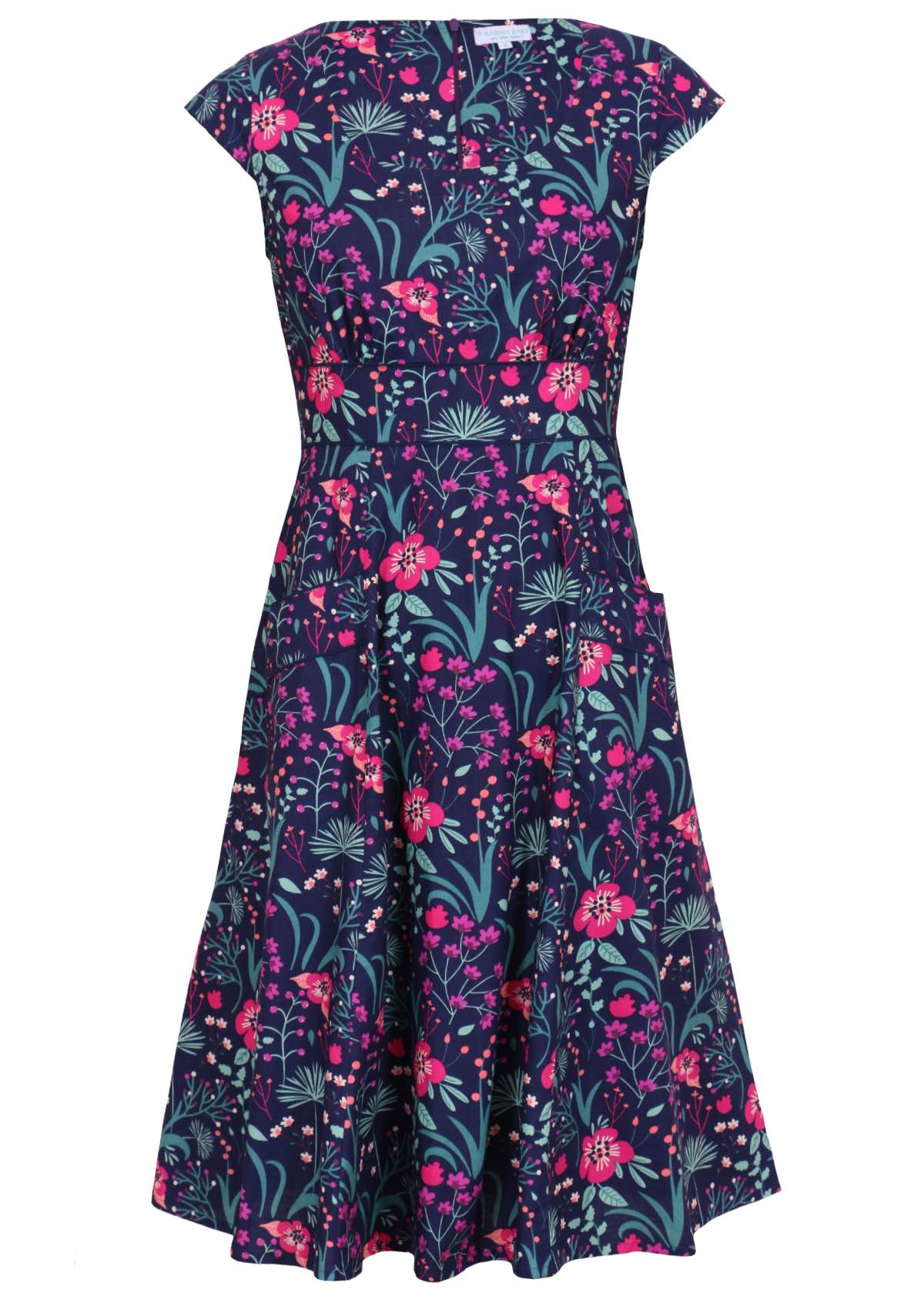retro inspired Scarlett Dress Dianthus in a vibrant navy, purple, pink and aqua floral print on 100% cotton front view