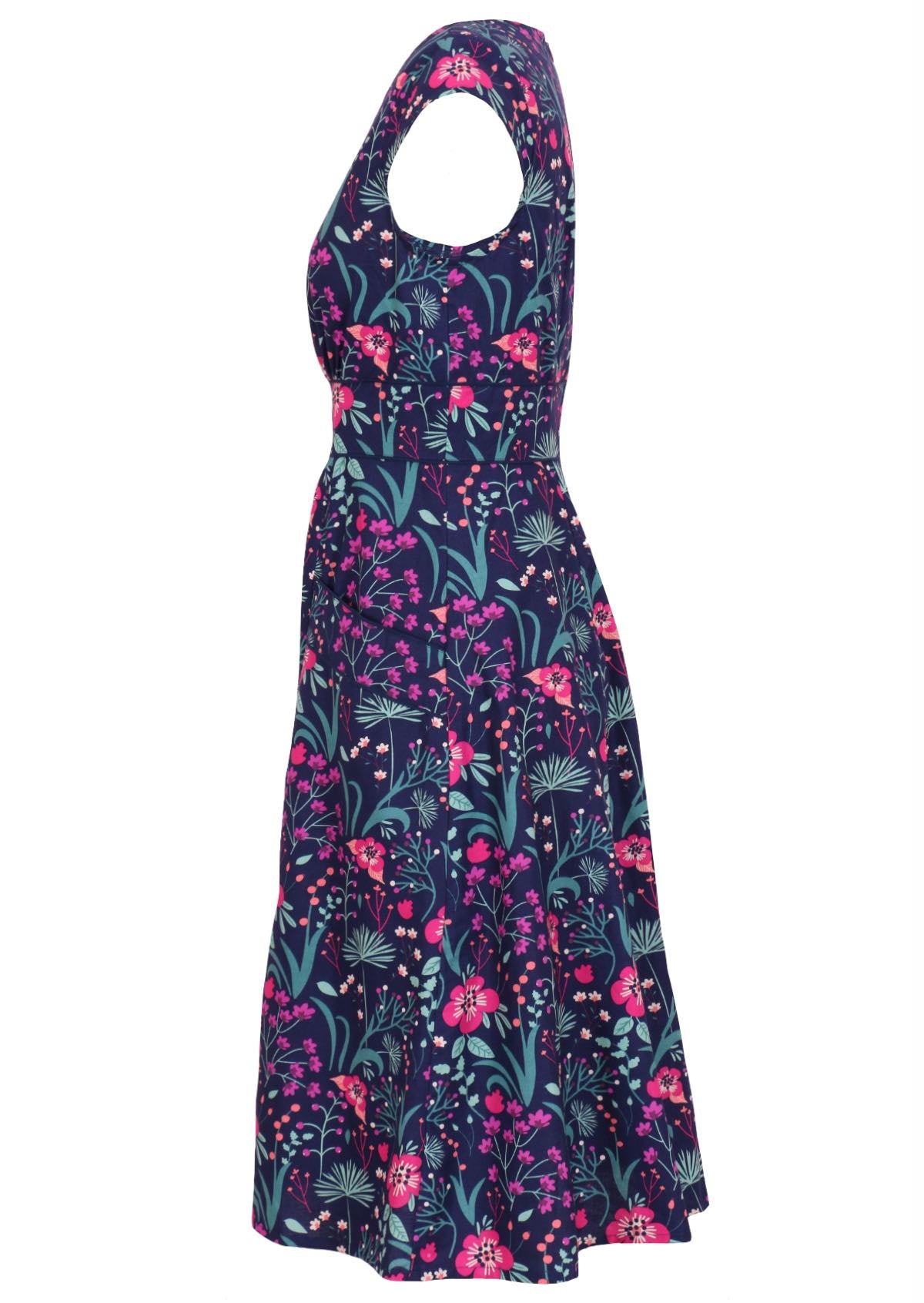 retro inspired Scarlett Dress Dianthus in a vibrant navy, purple, pink and aqua floral print on 100% cotton side view