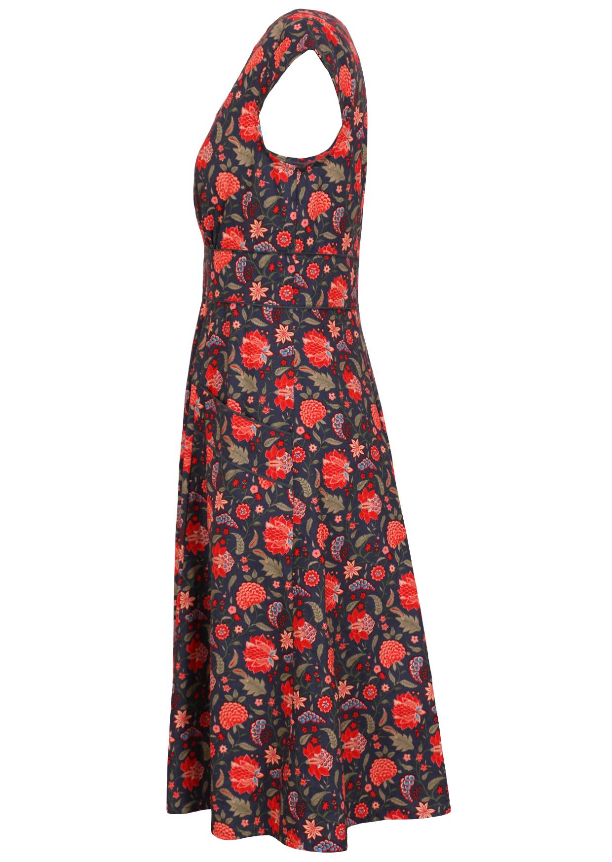 Side image of a beautiful red floral printed dress with round neckline and pockets.